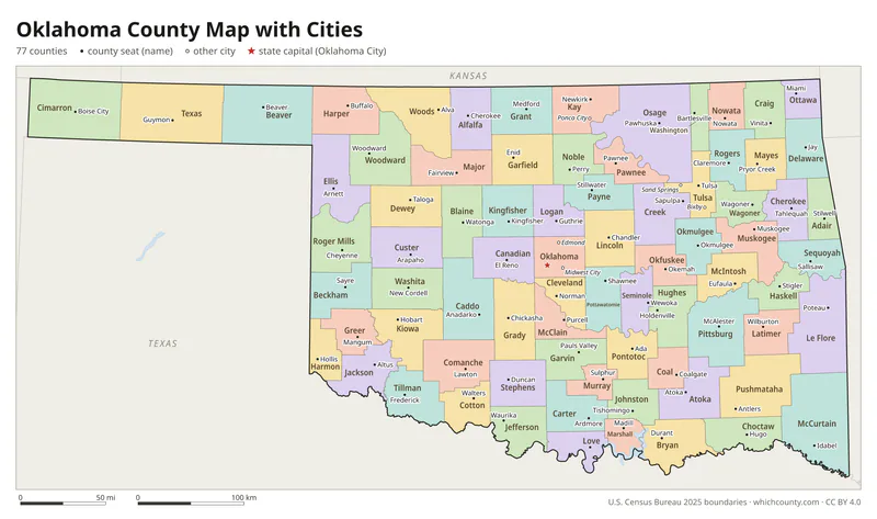 Oklahoma county map with cities and county seats