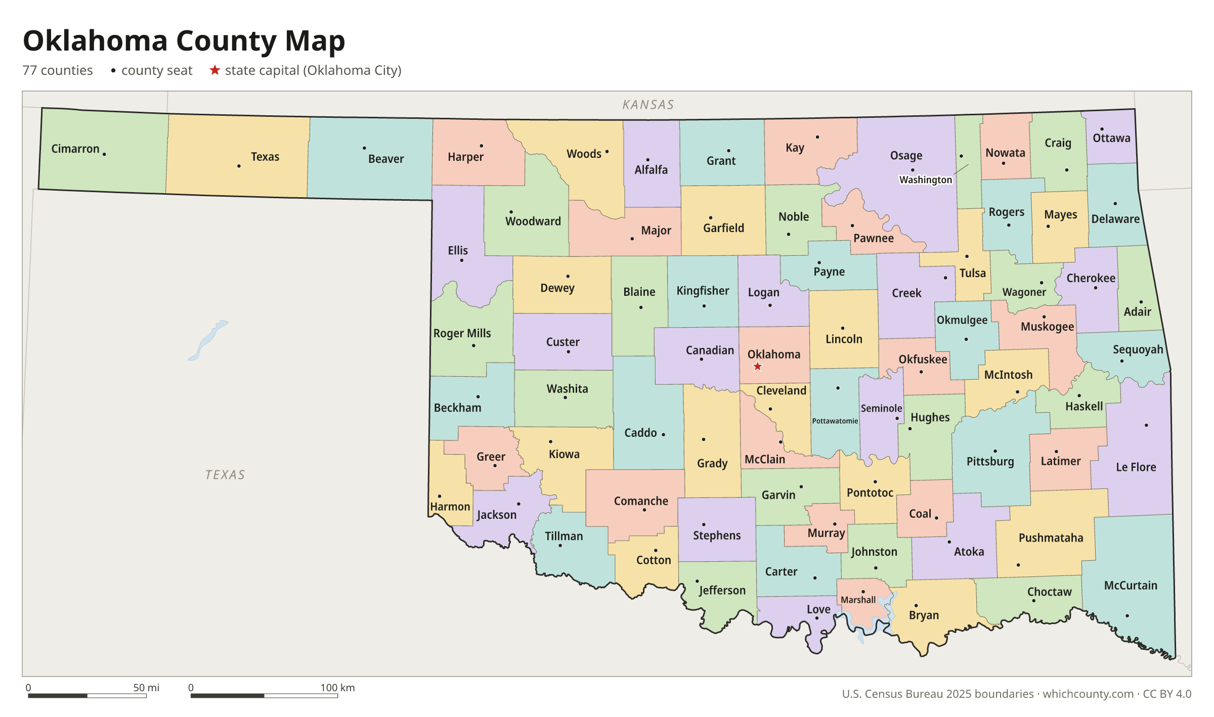 Oklahoma county map showing all 77 counties with county names and county seats
