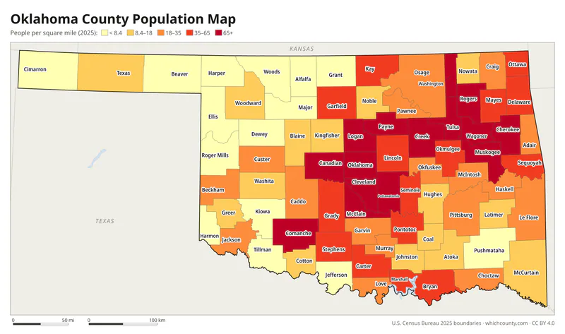 Map of Oklahoma counties shaded by population density