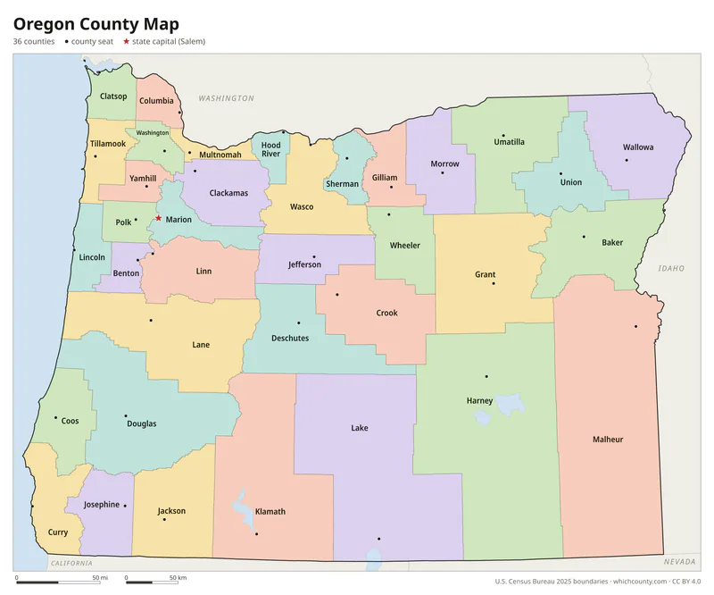Oregon county map with all 36 counties labeled