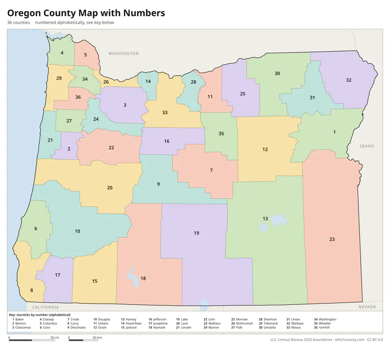 Oregon county map with numbers