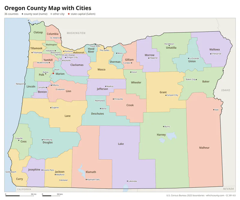 Oregon county map with cities and county seats