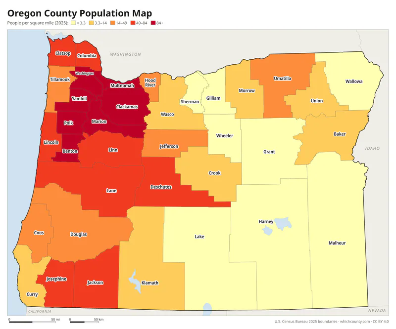Map of Oregon counties shaded by population density