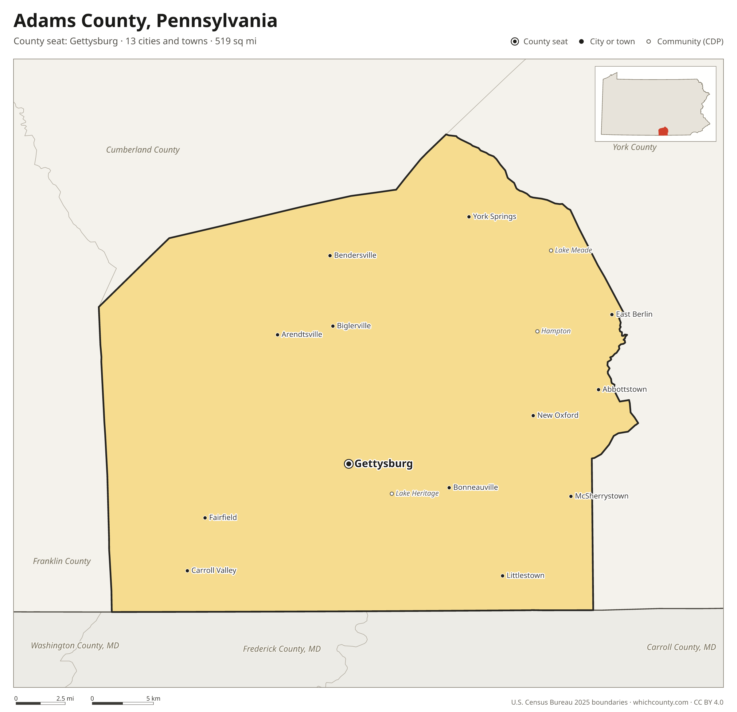 Map of Adams County, Pennsylvania with cities, towns and the county boundary