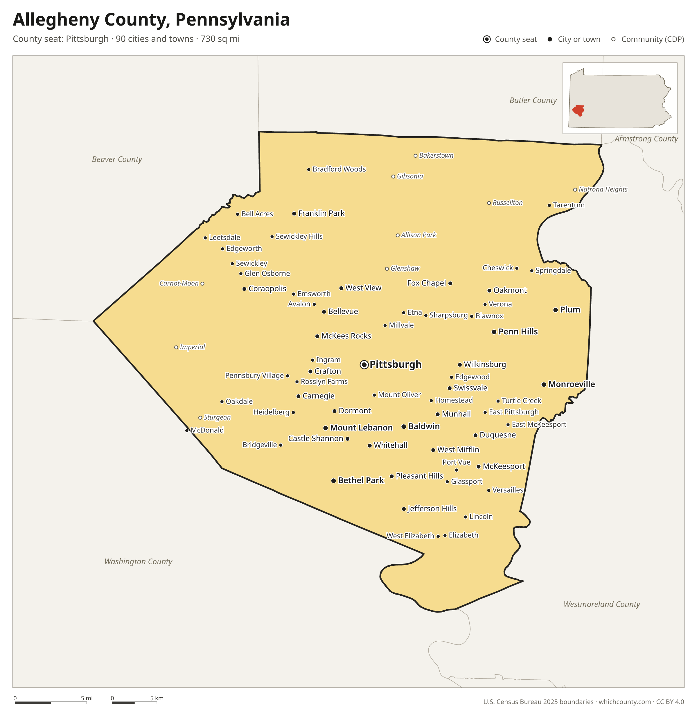 Map of Allegheny County, Pennsylvania with cities, towns and the county boundary