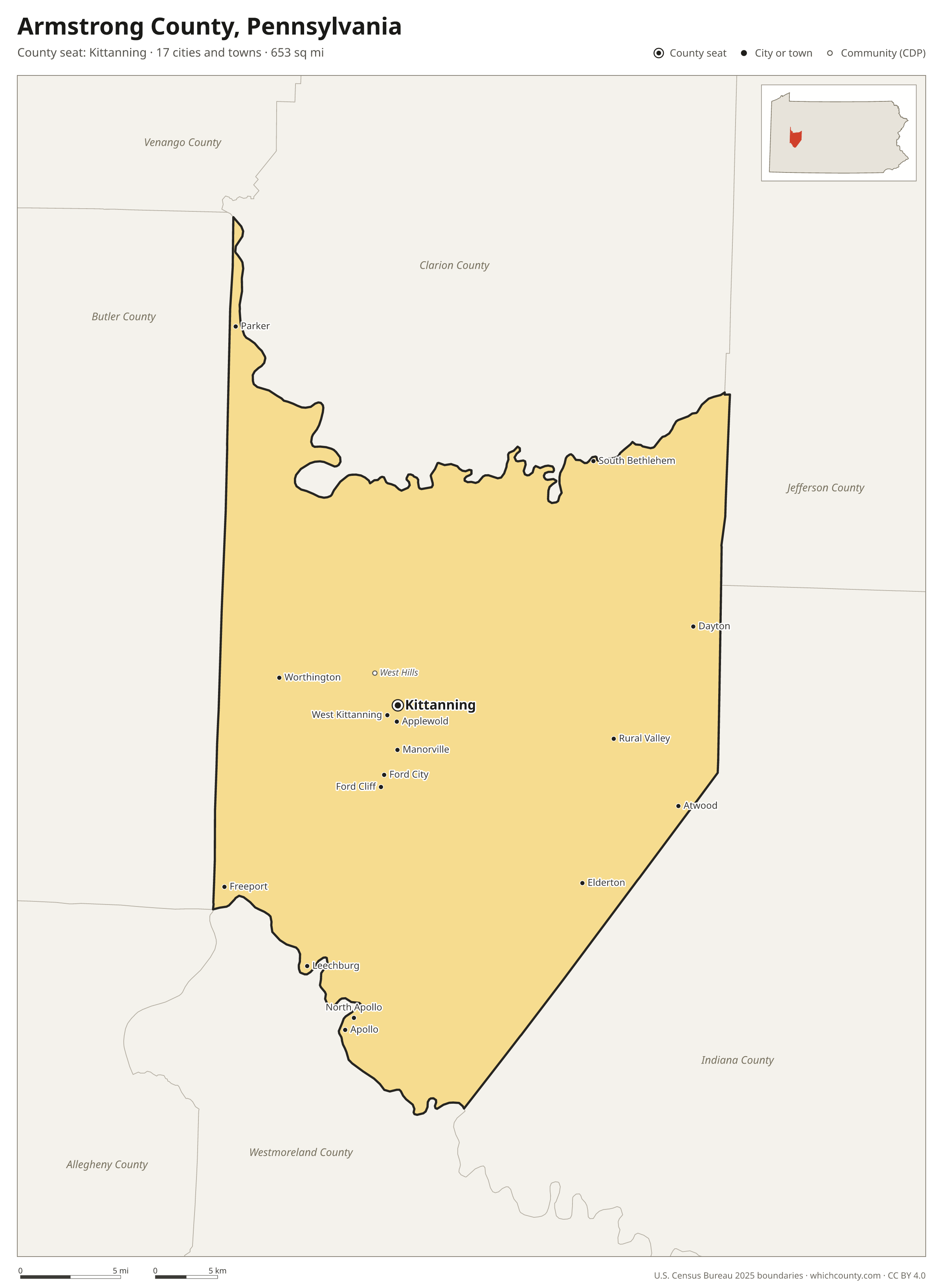 Map of Armstrong County, Pennsylvania with cities, towns and the county boundary