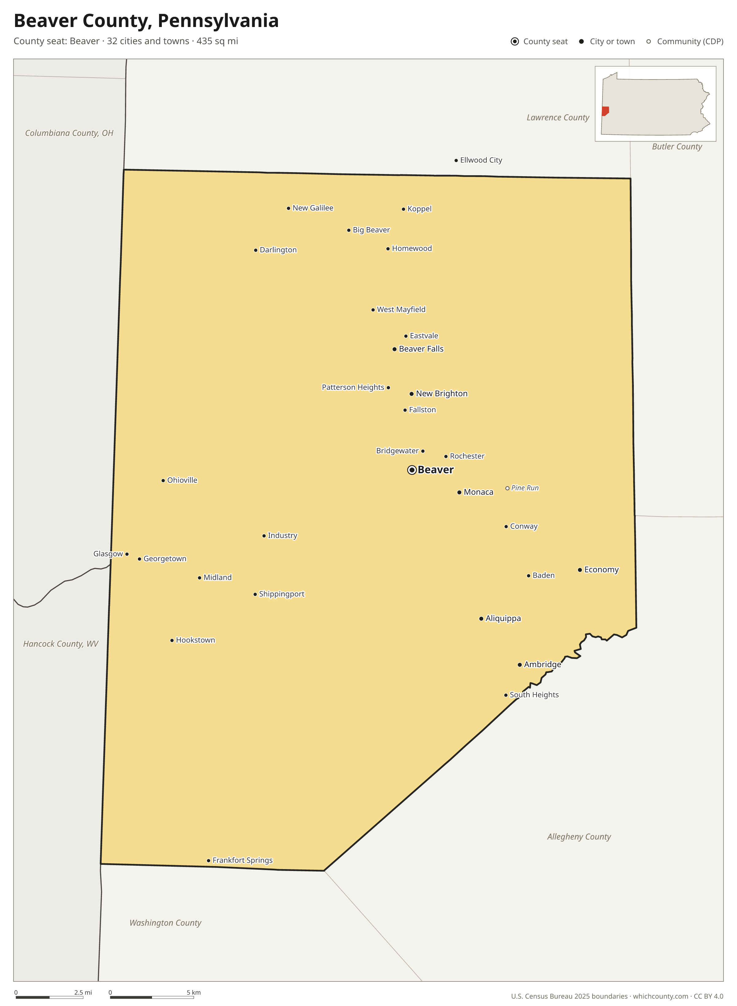 Map of Beaver County, Pennsylvania with cities, towns and the county boundary