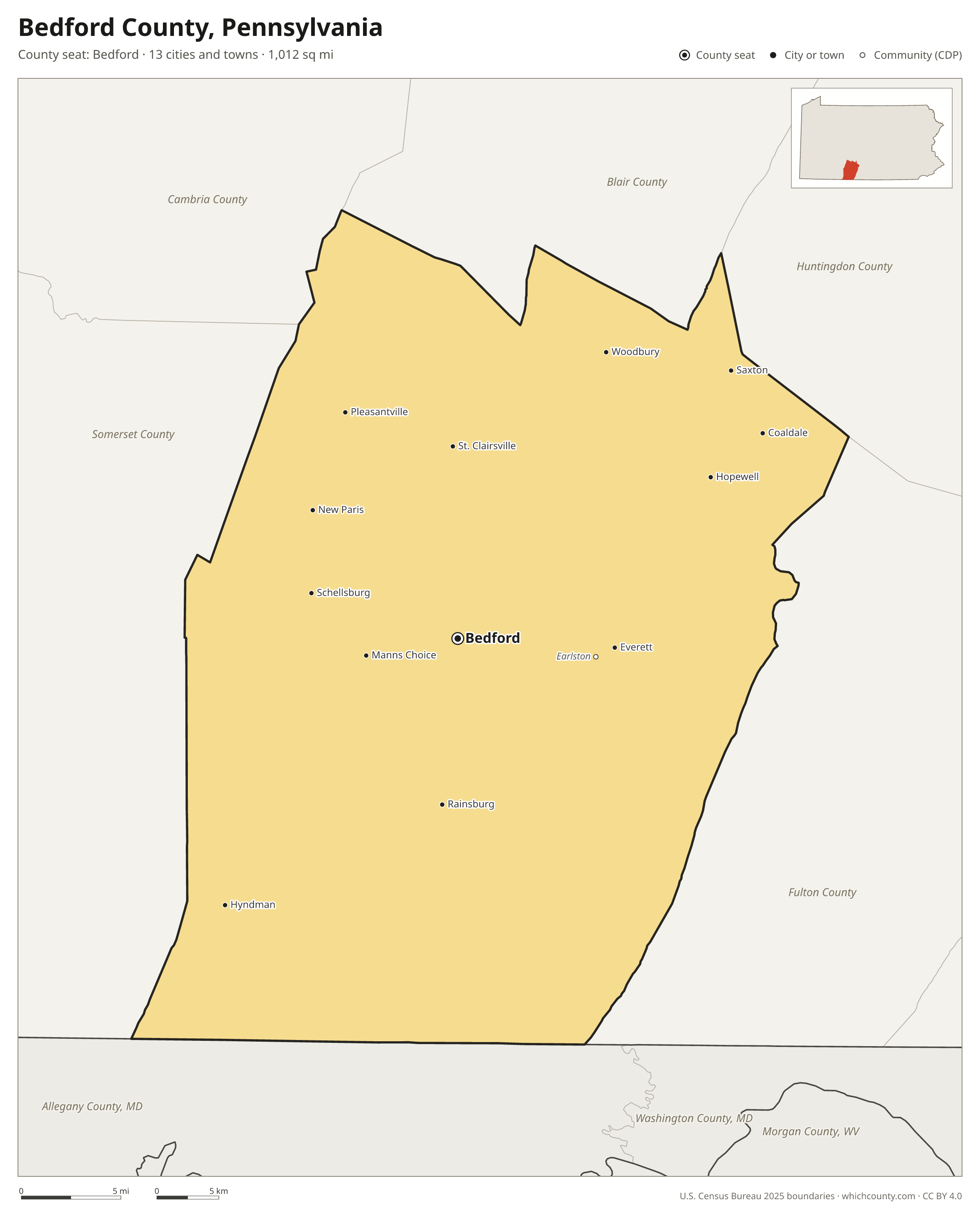 Map of Bedford County, Pennsylvania with cities, towns and the county boundary