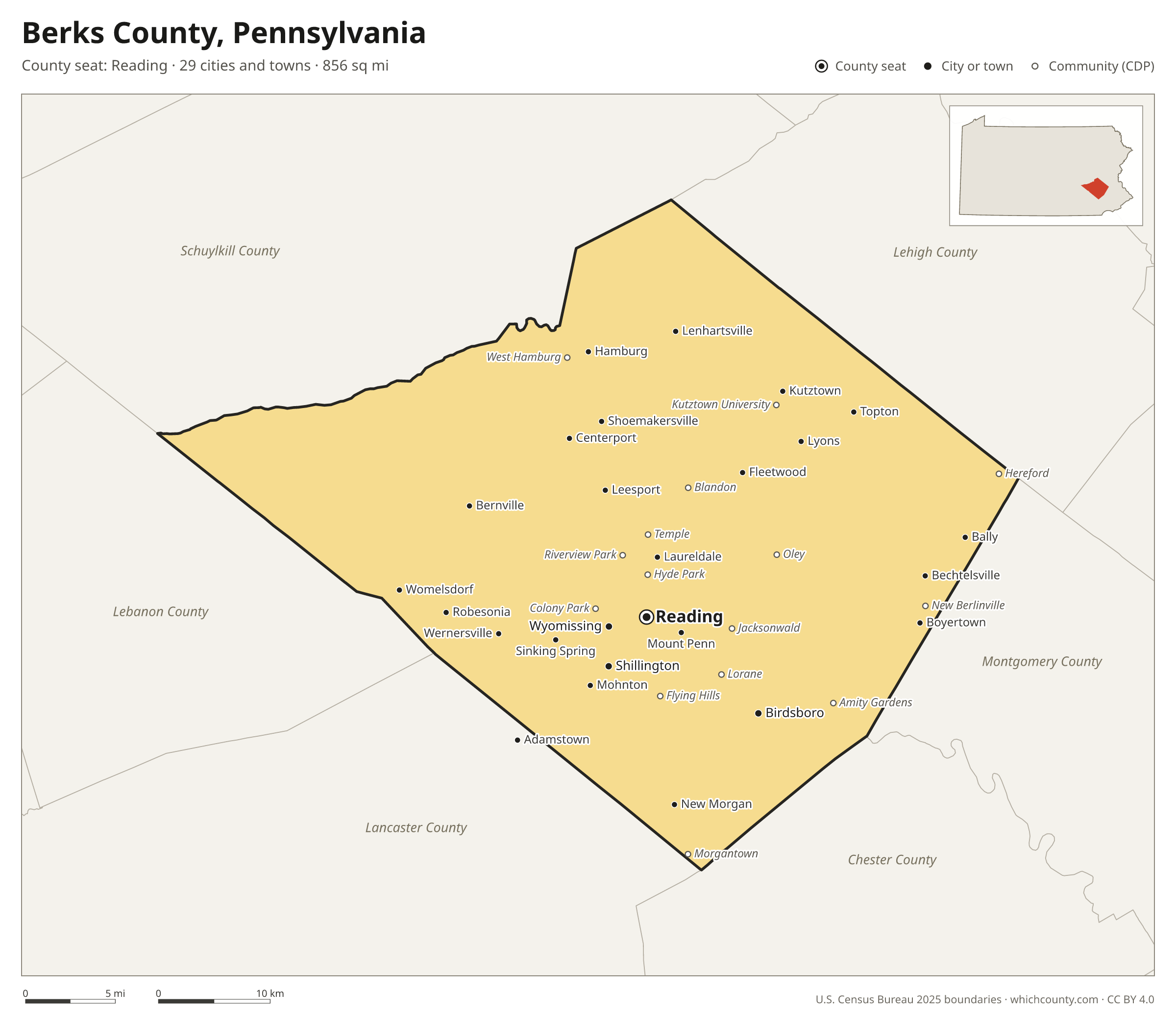Map of Berks County, Pennsylvania with cities, towns and the county boundary