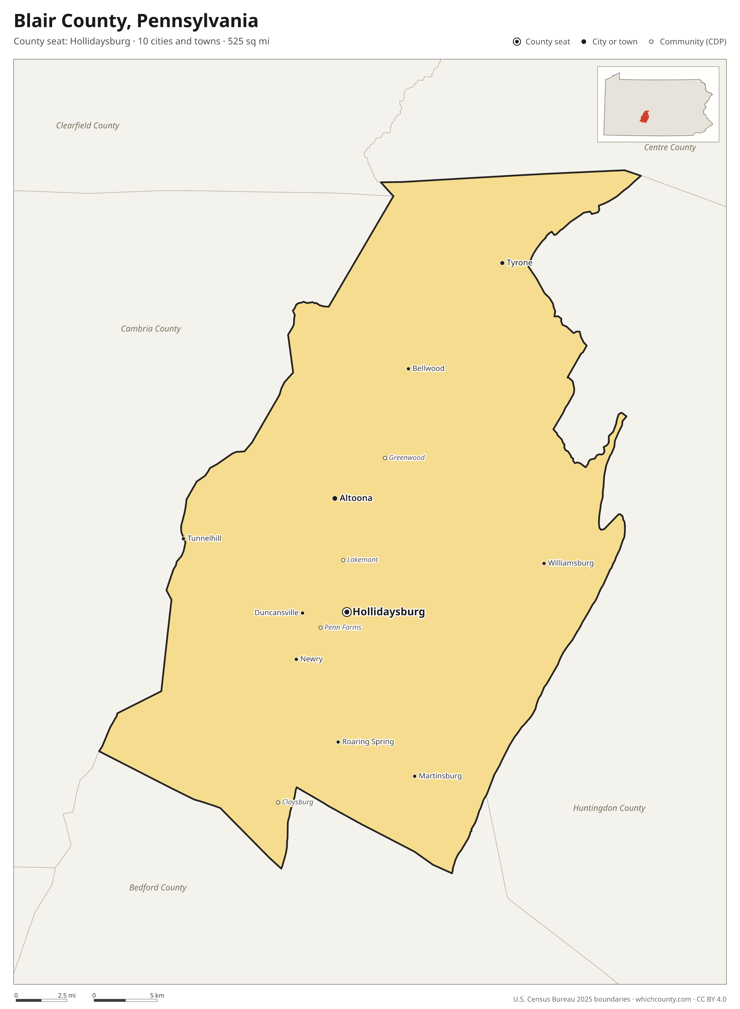 Map of Blair County, Pennsylvania with cities, towns and the county boundary