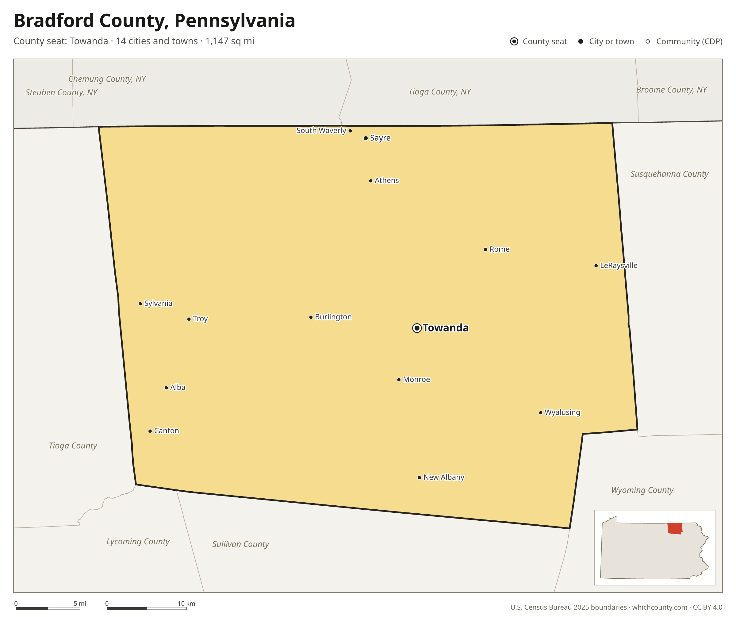 Map of Bradford County, Pennsylvania with cities, towns and the county boundary