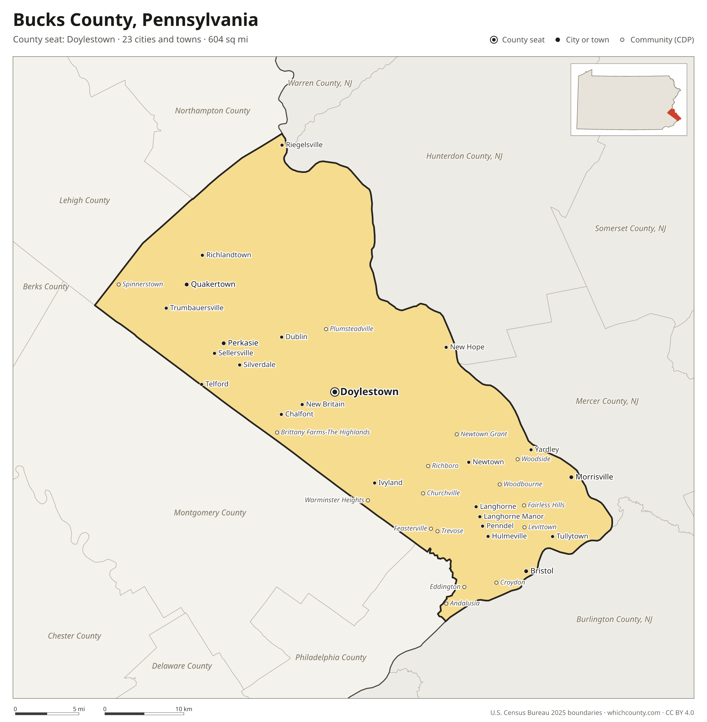 Map of Bucks County, Pennsylvania with cities, towns and the county boundary