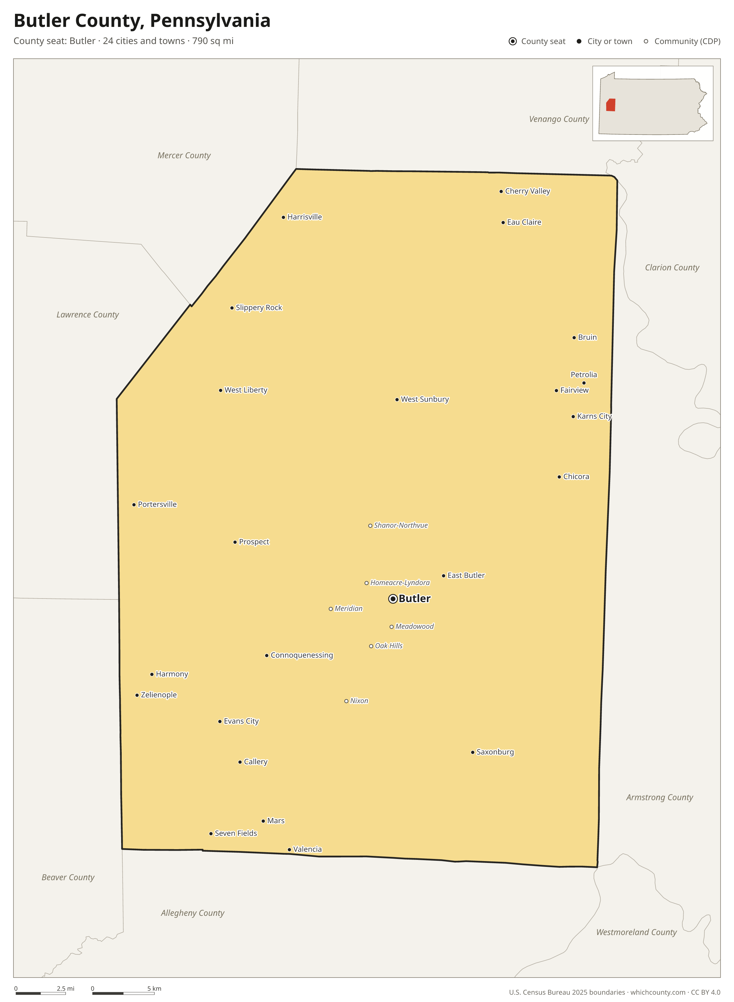 Map of Butler County, Pennsylvania with cities, towns and the county boundary