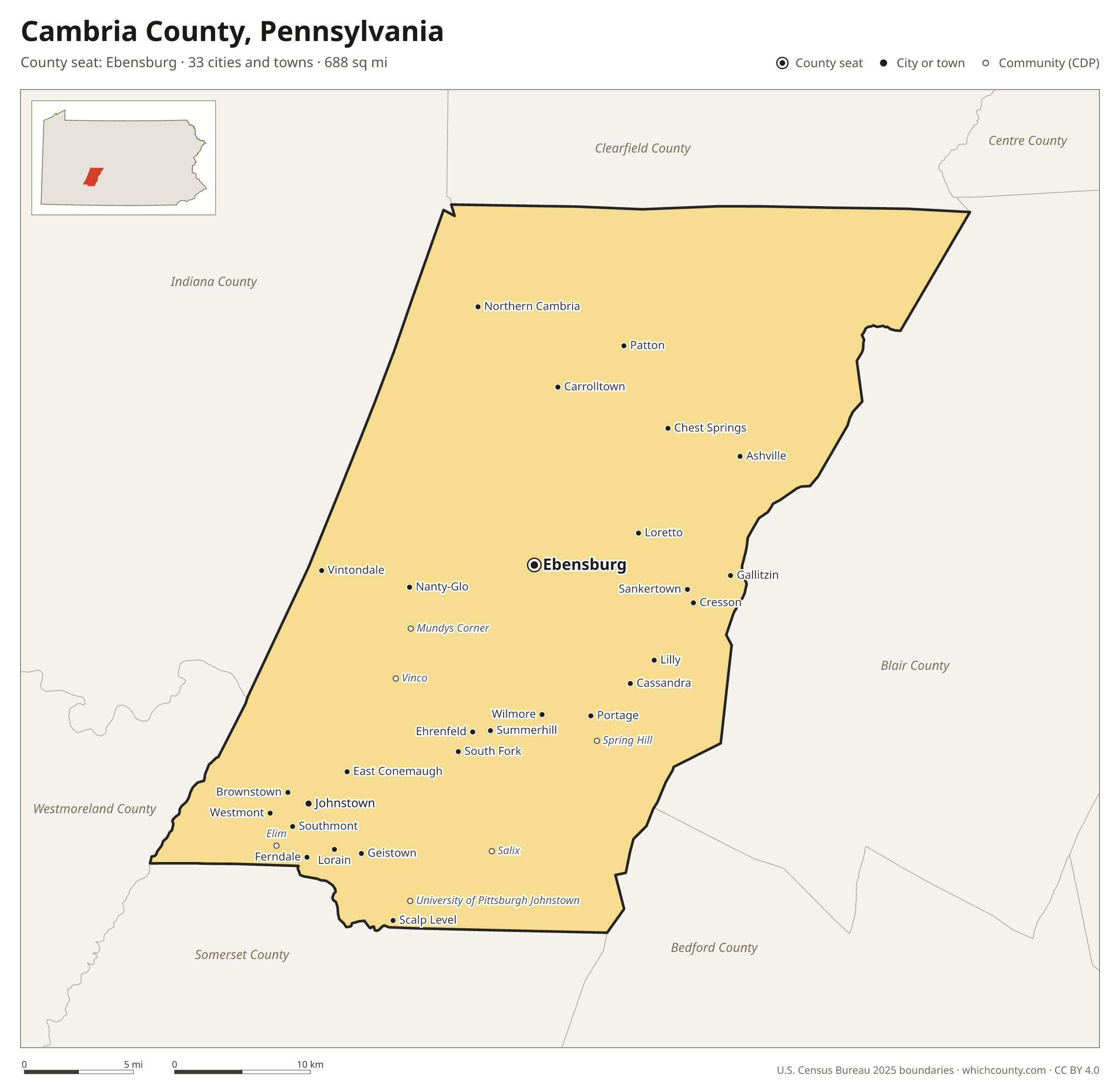 Map of Cambria County, Pennsylvania with cities, towns and the county boundary