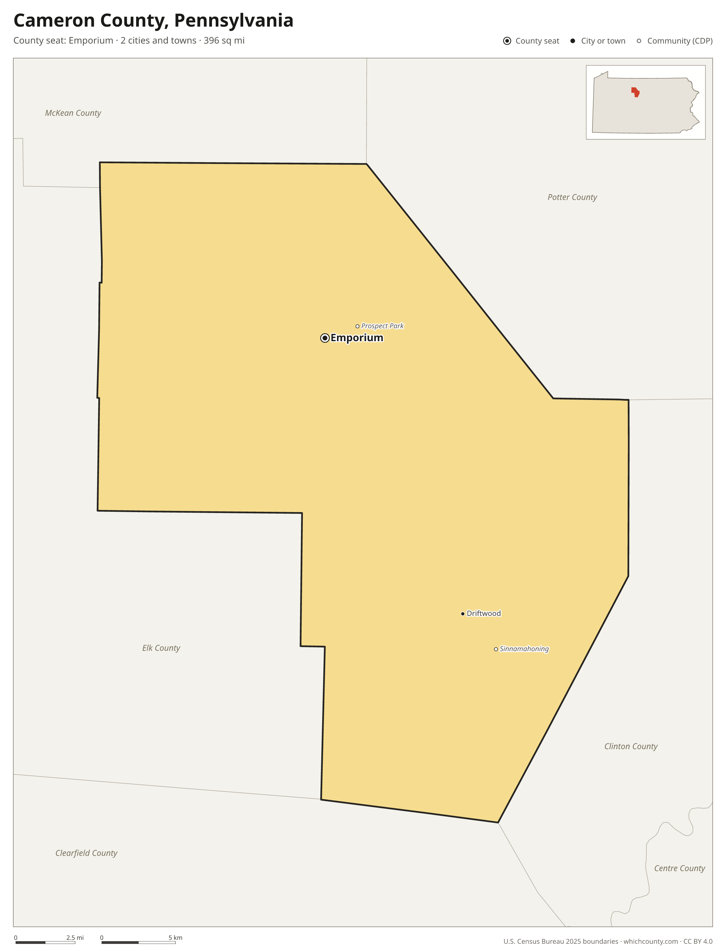 Map of Cameron County, Pennsylvania with cities, towns and the county boundary
