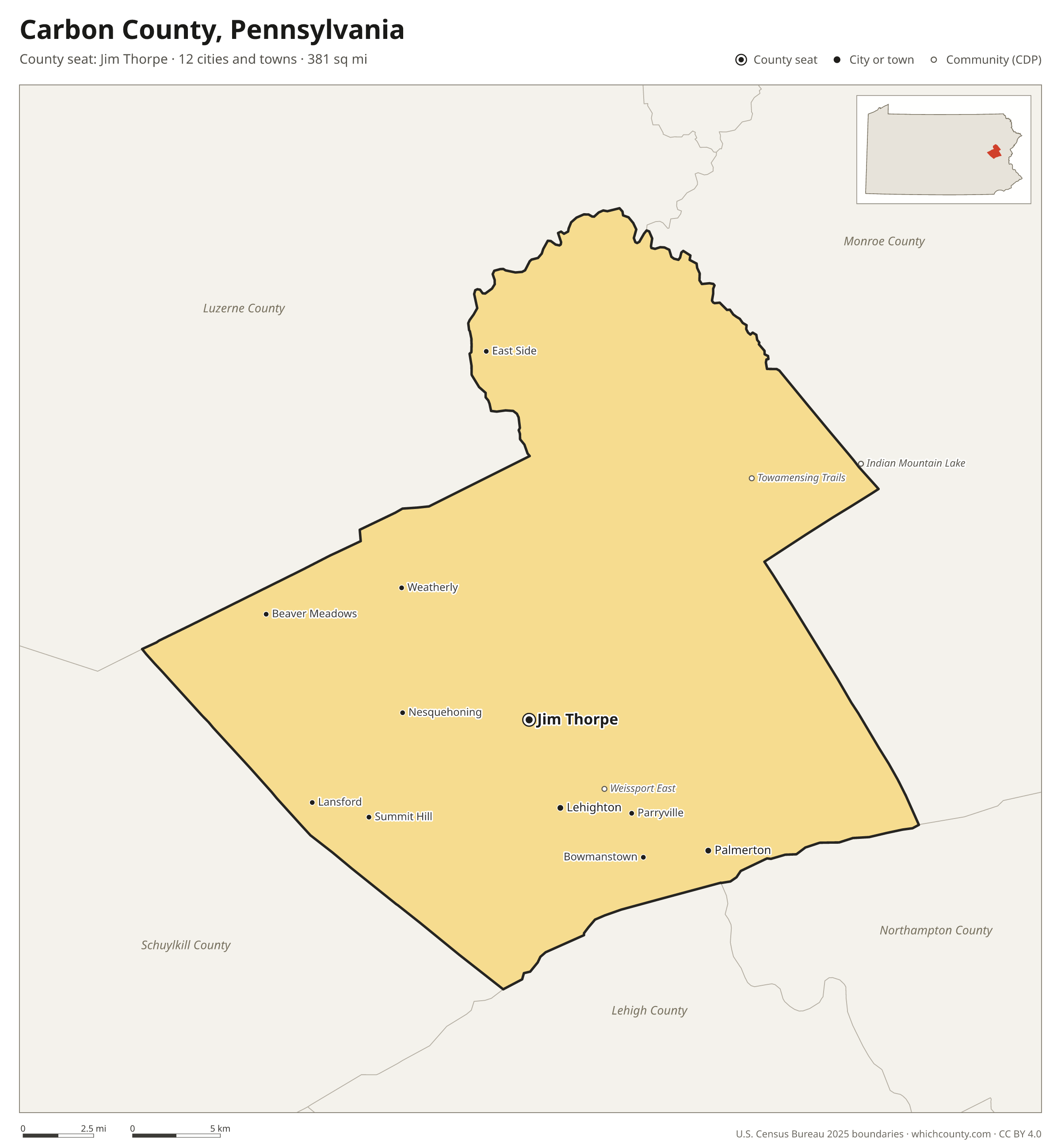 Map of Carbon County, Pennsylvania with cities, towns and the county boundary