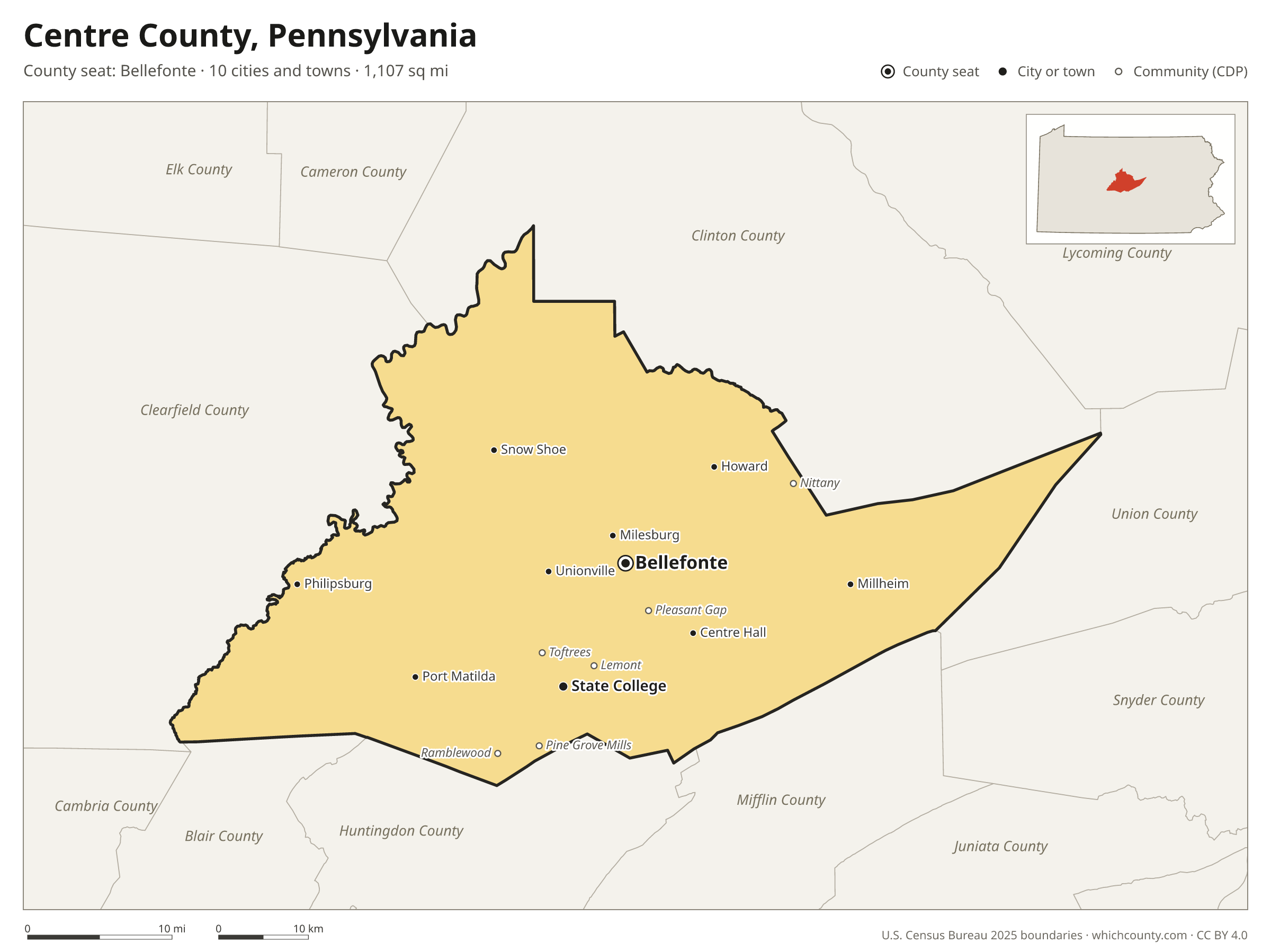 Map of Centre County, Pennsylvania with cities, towns and the county boundary