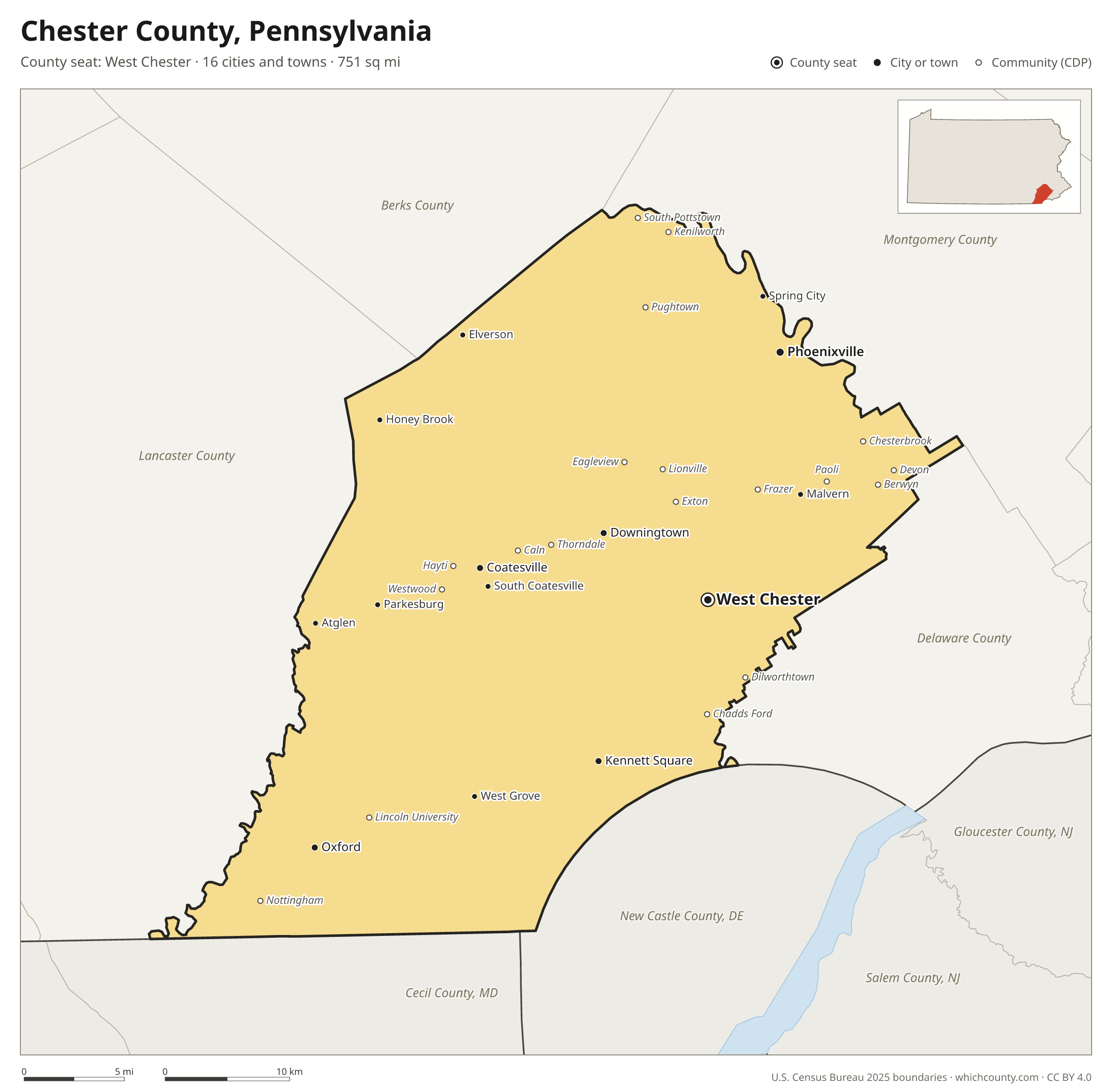 Map of Chester County, Pennsylvania with cities, towns and the county boundary