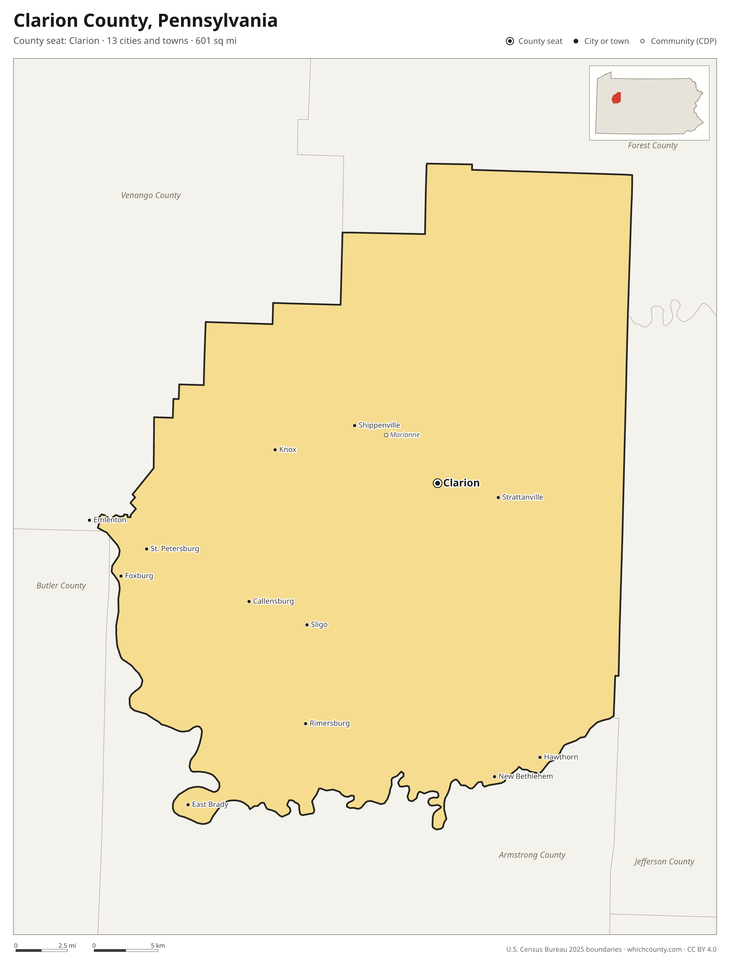 Map of Clarion County, Pennsylvania with cities, towns and the county boundary