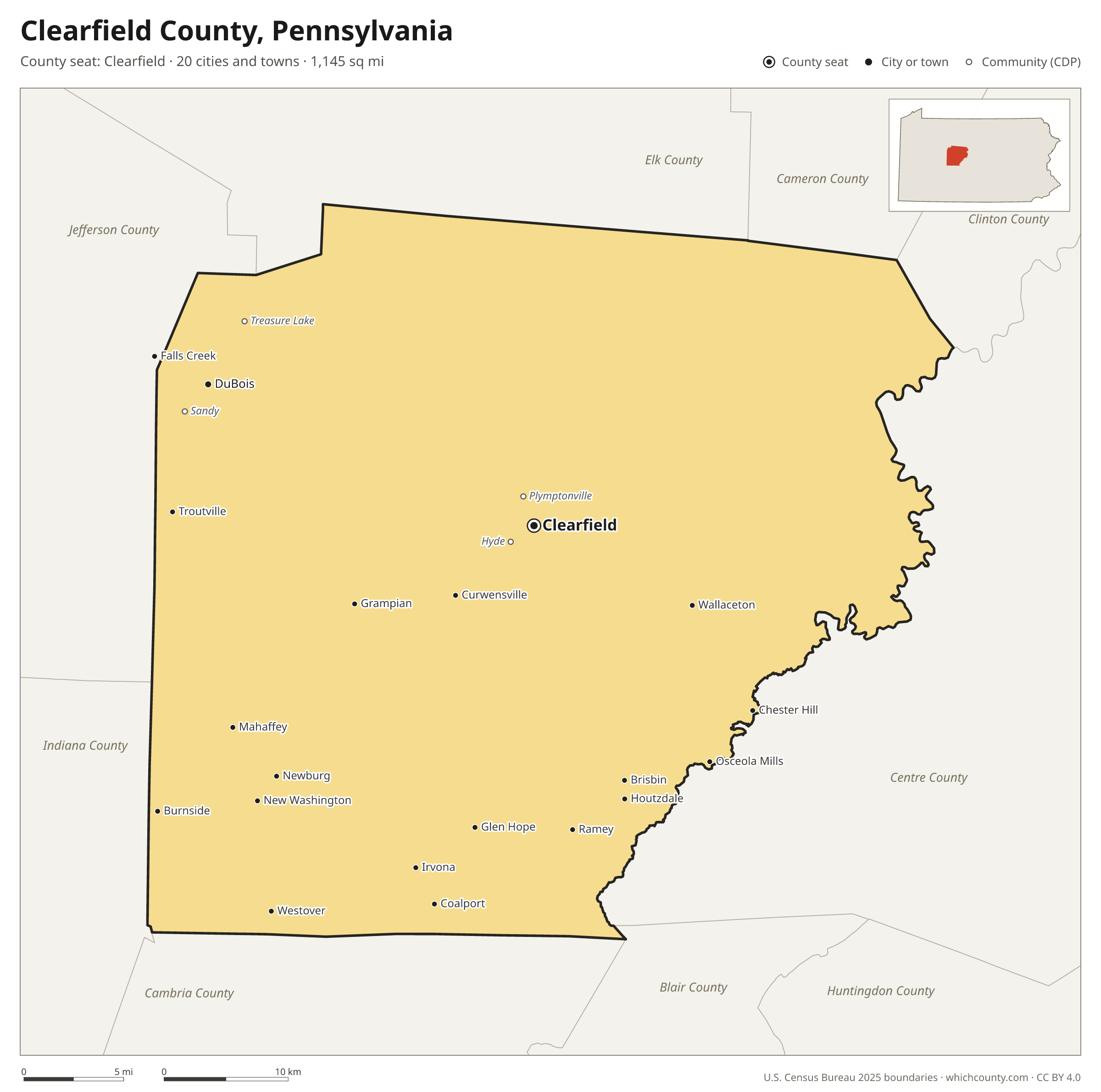 Map of Clearfield County, Pennsylvania with cities, towns and the county boundary