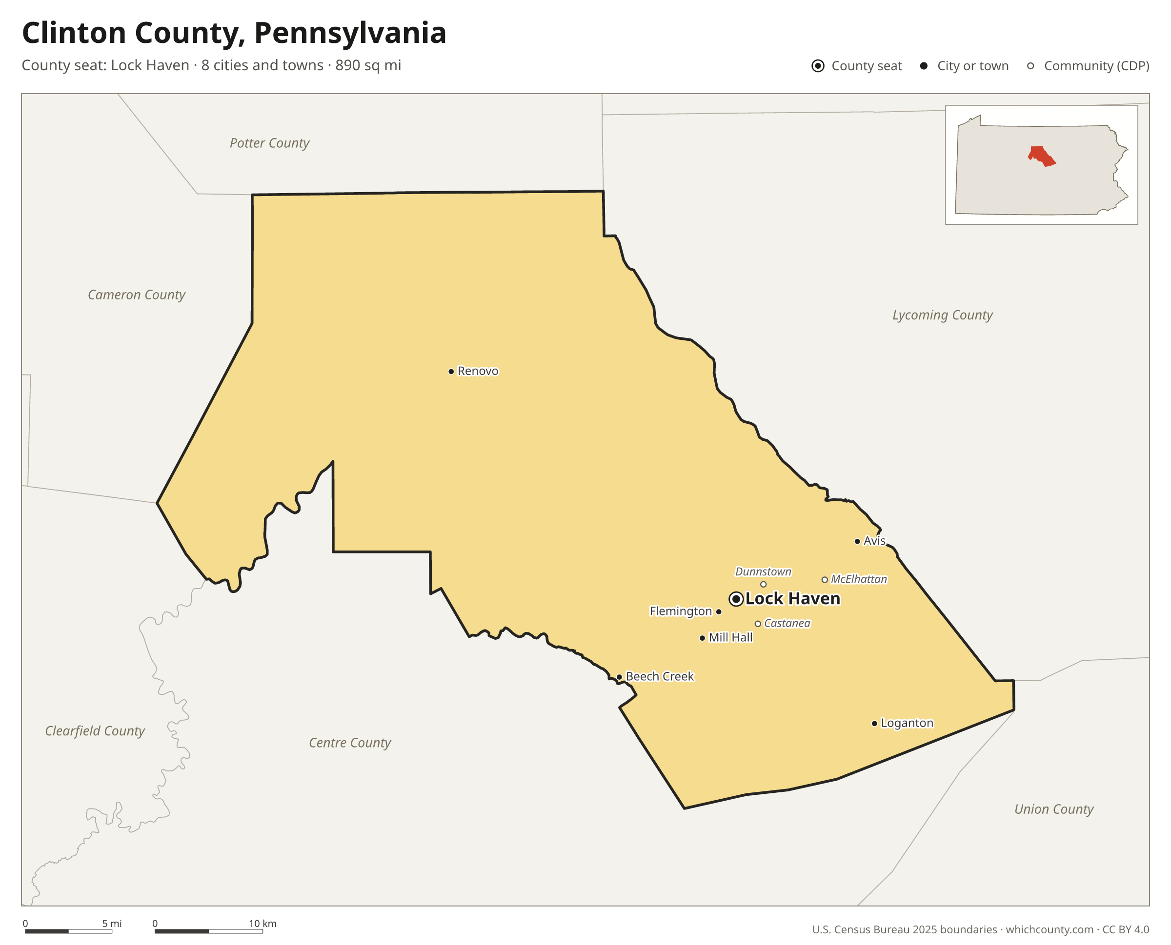 Map of Clinton County, Pennsylvania with cities, towns and the county boundary