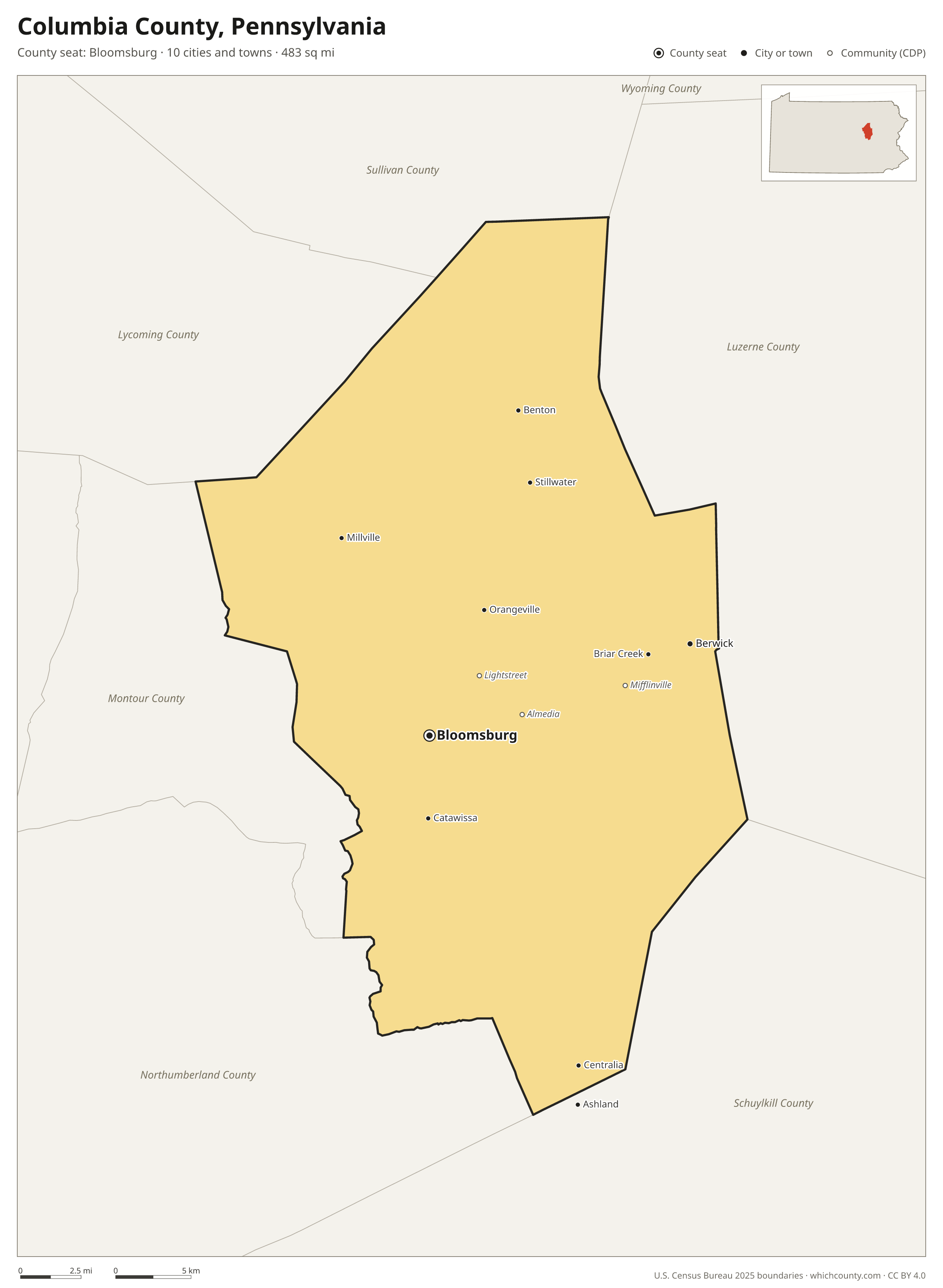 Map of Columbia County, Pennsylvania with cities, towns and the county boundary