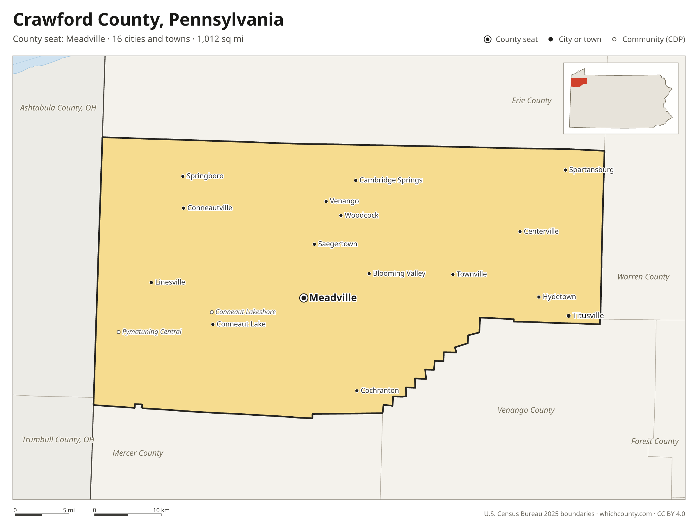 Map of Crawford County, Pennsylvania with cities, towns and the county boundary