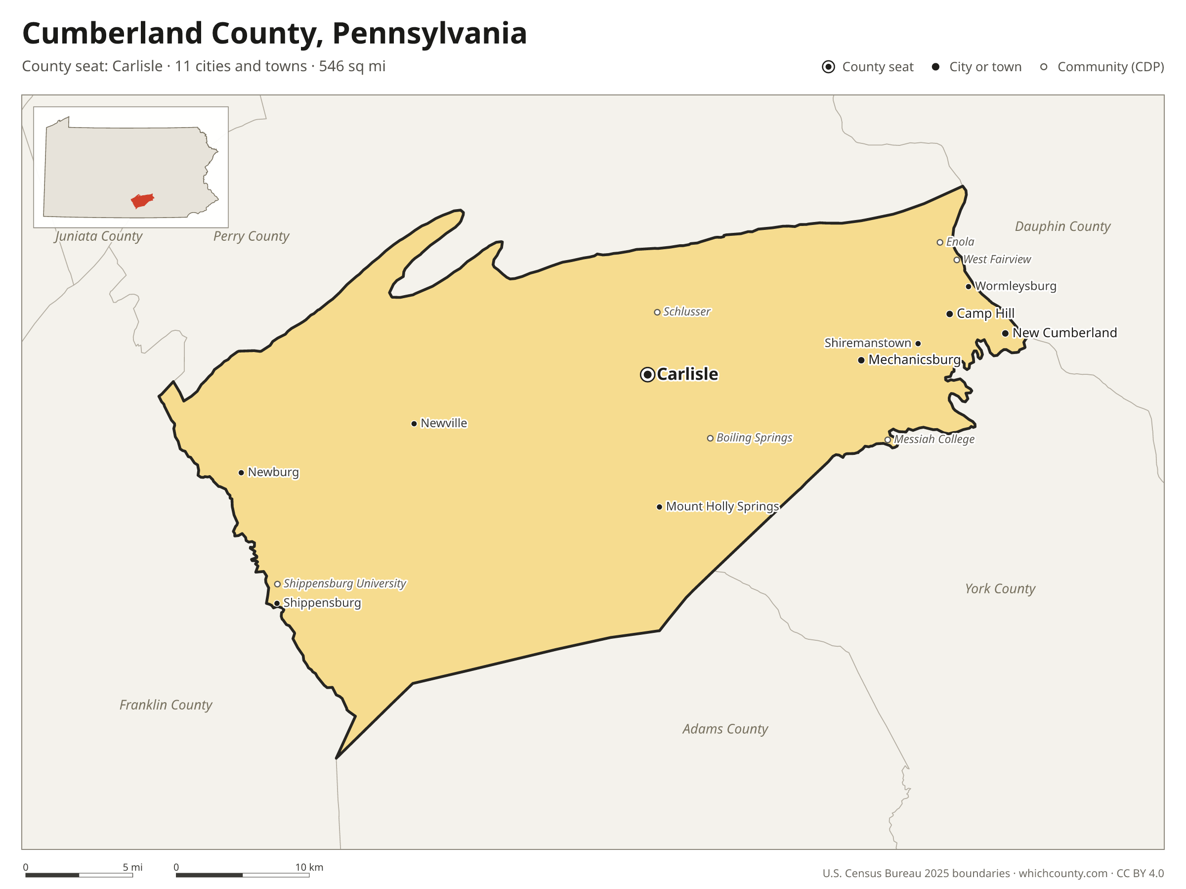 Map of Cumberland County, Pennsylvania with cities, towns and the county boundary
