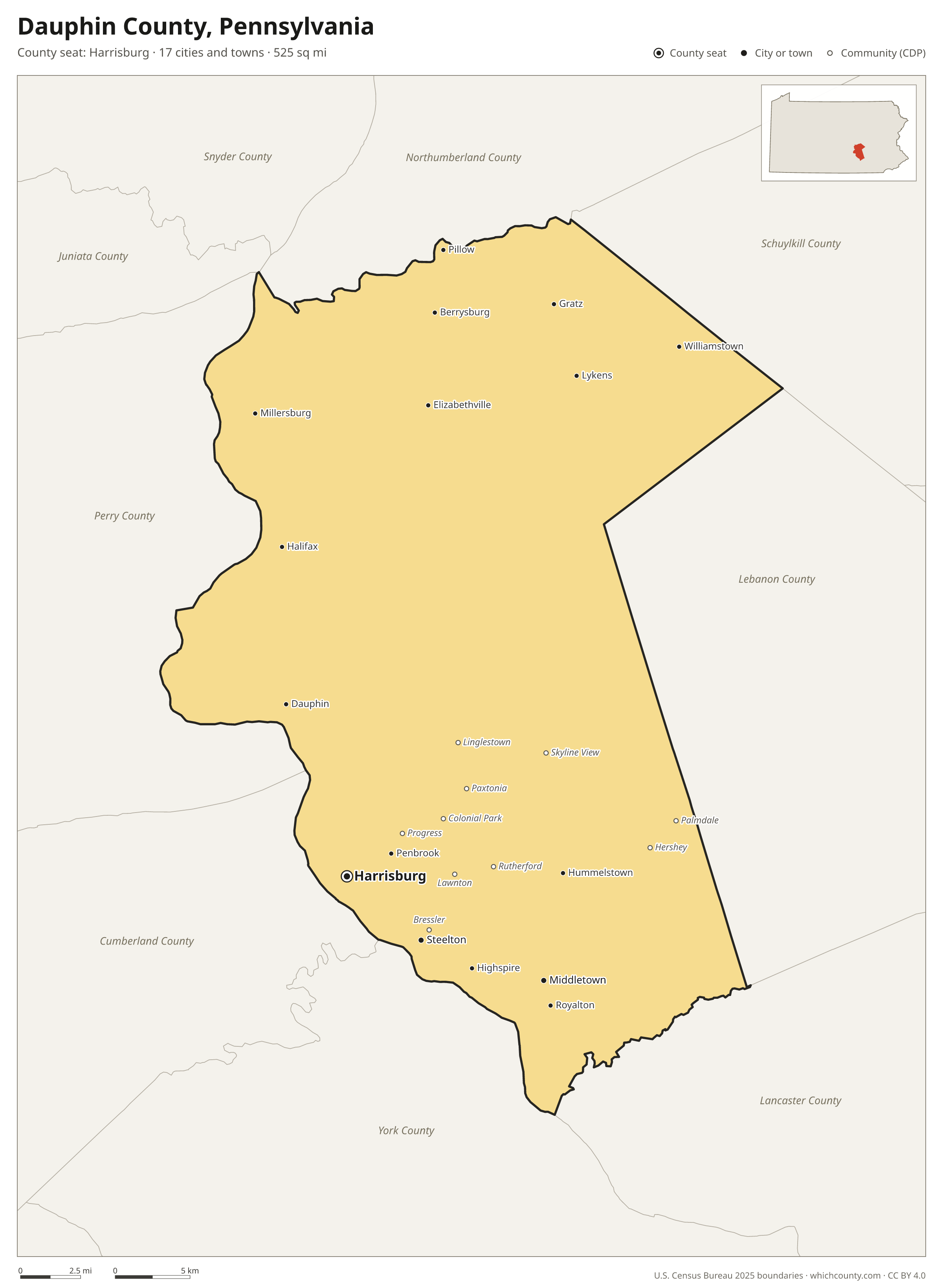 Map of Dauphin County, Pennsylvania with cities, towns and the county boundary