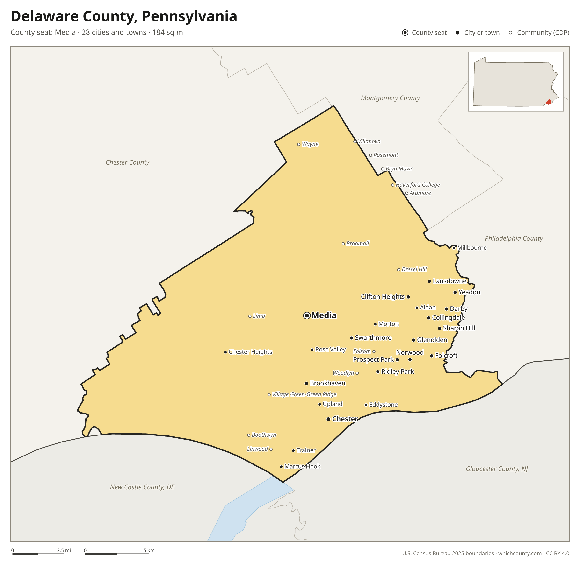 Map of Delaware County, Pennsylvania with cities, towns and the county boundary