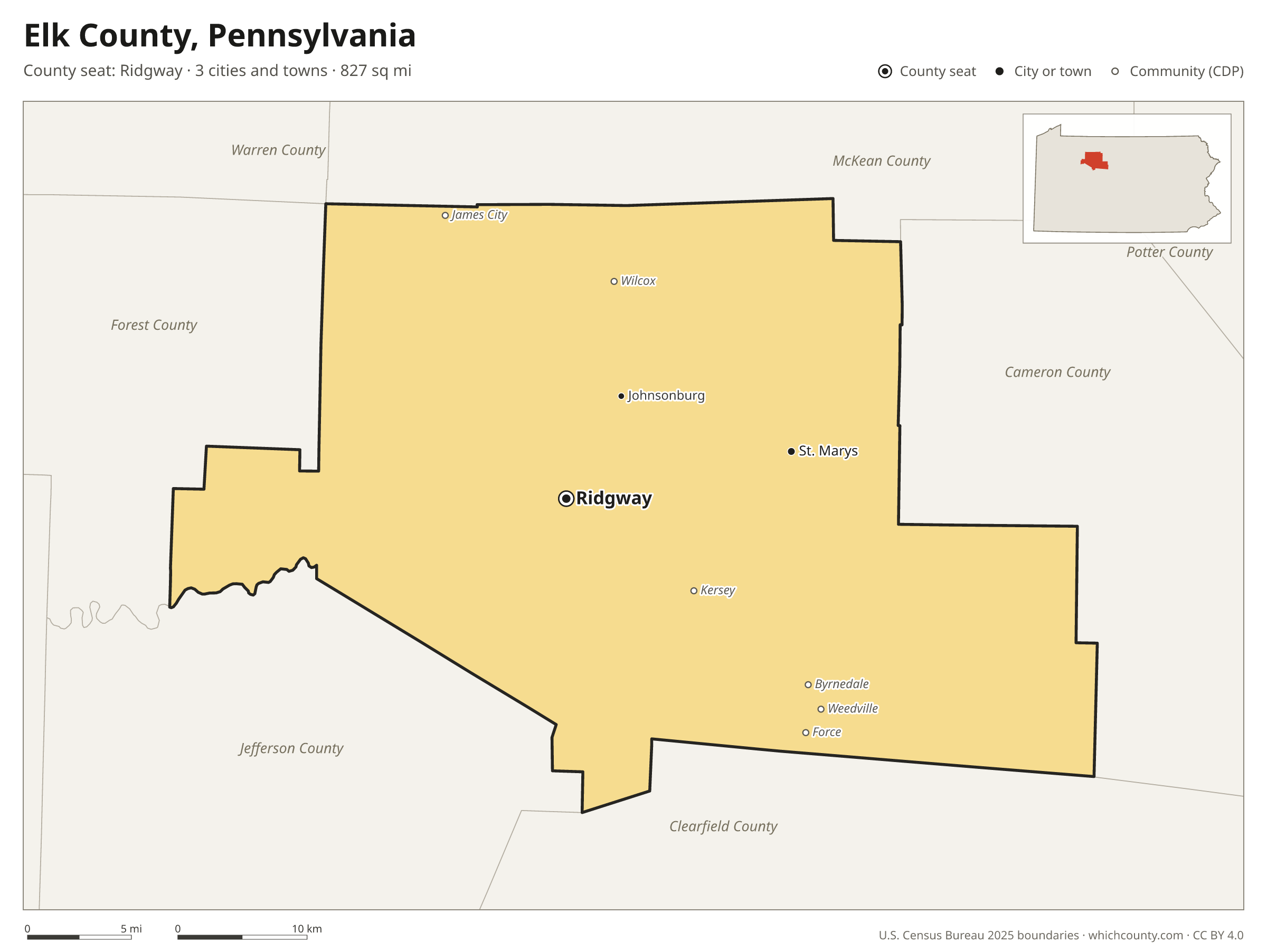 Map of Elk County, Pennsylvania with cities, towns and the county boundary
