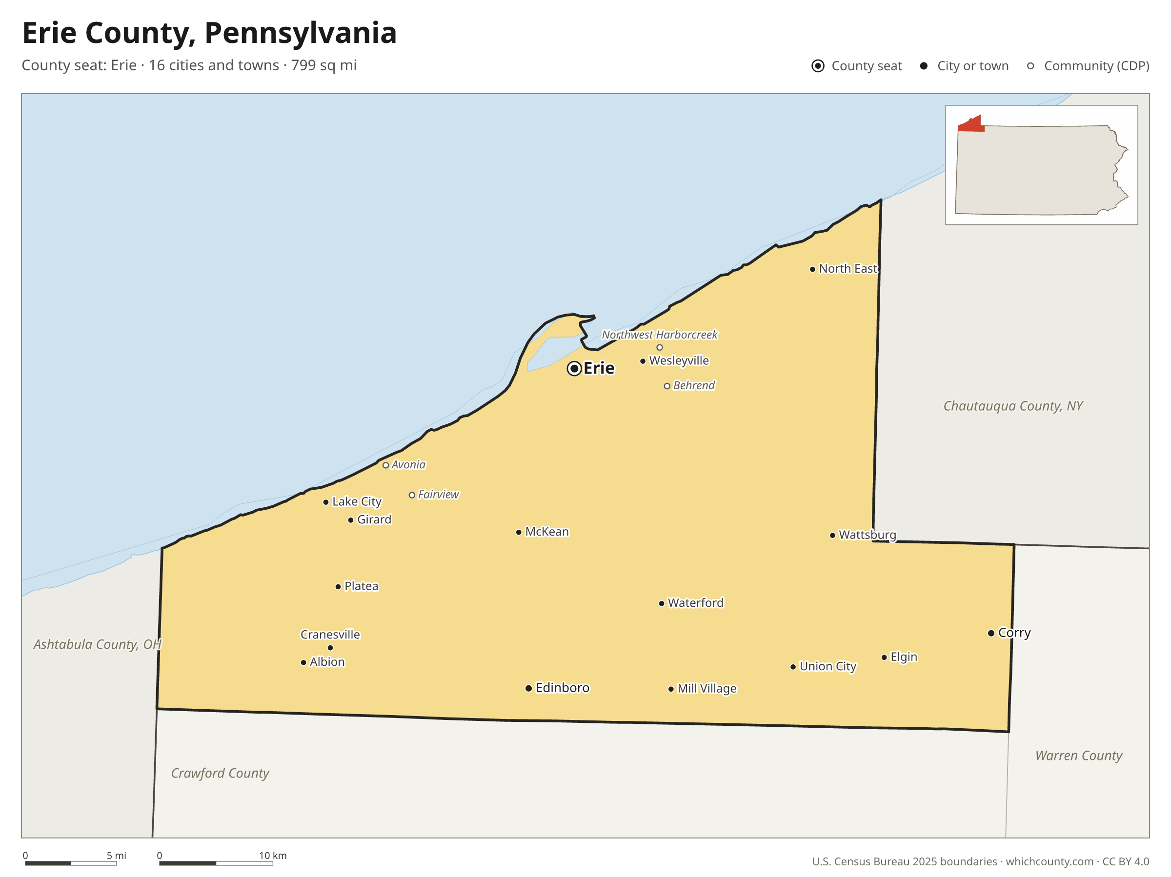 Map of Erie County, Pennsylvania with cities, towns and the county boundary