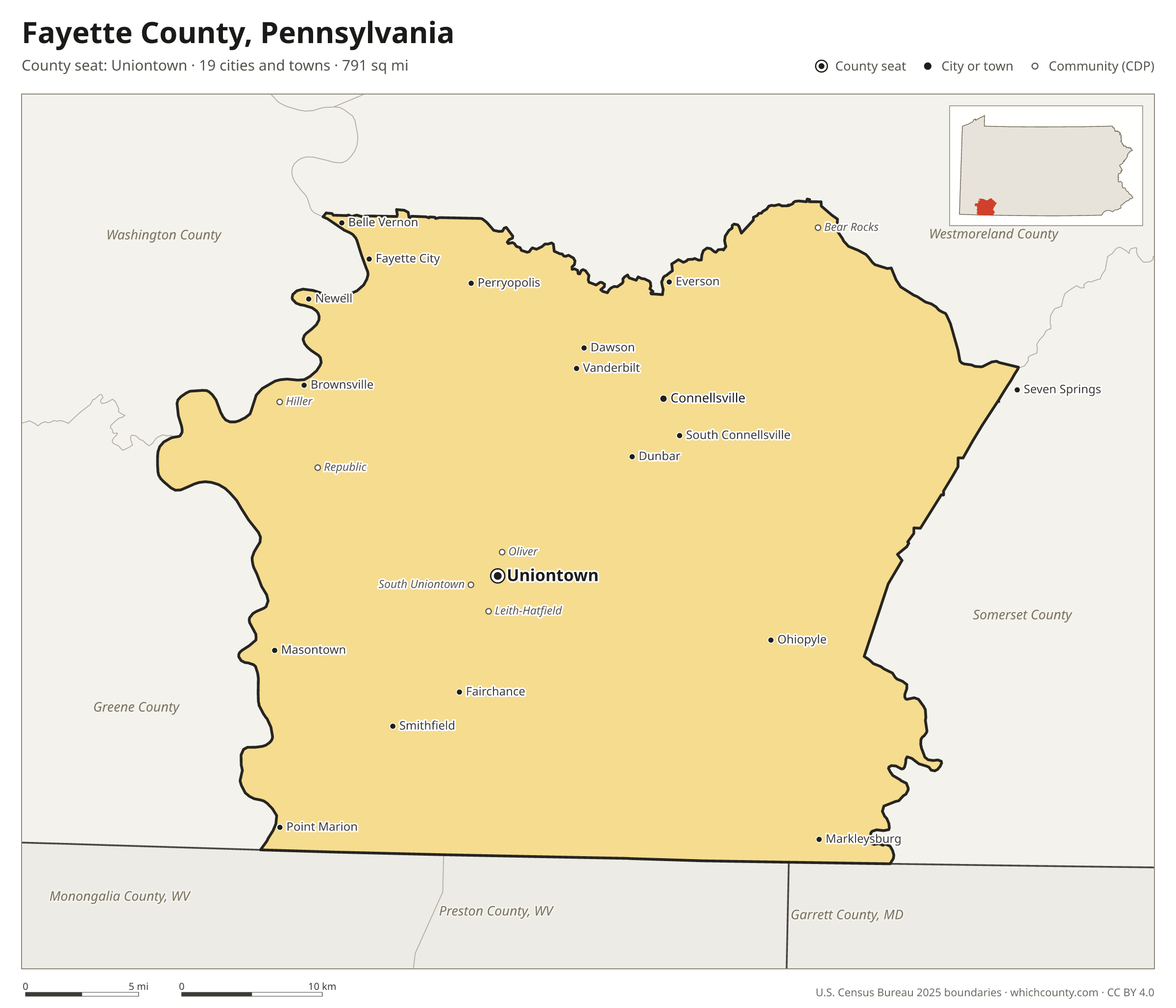 Map of Fayette County, Pennsylvania with cities, towns and the county boundary
