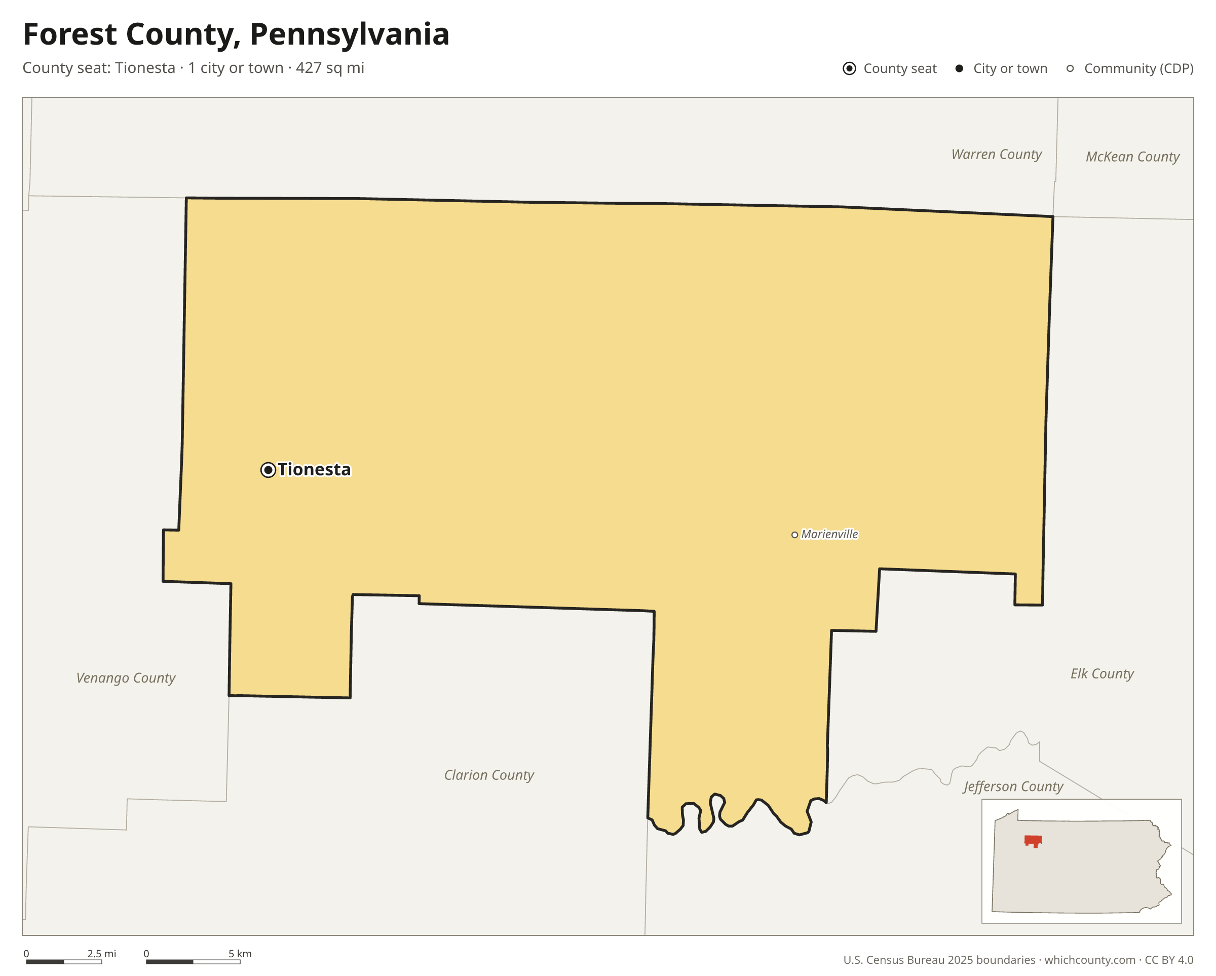 Map of Forest County, Pennsylvania with cities, towns and the county boundary
