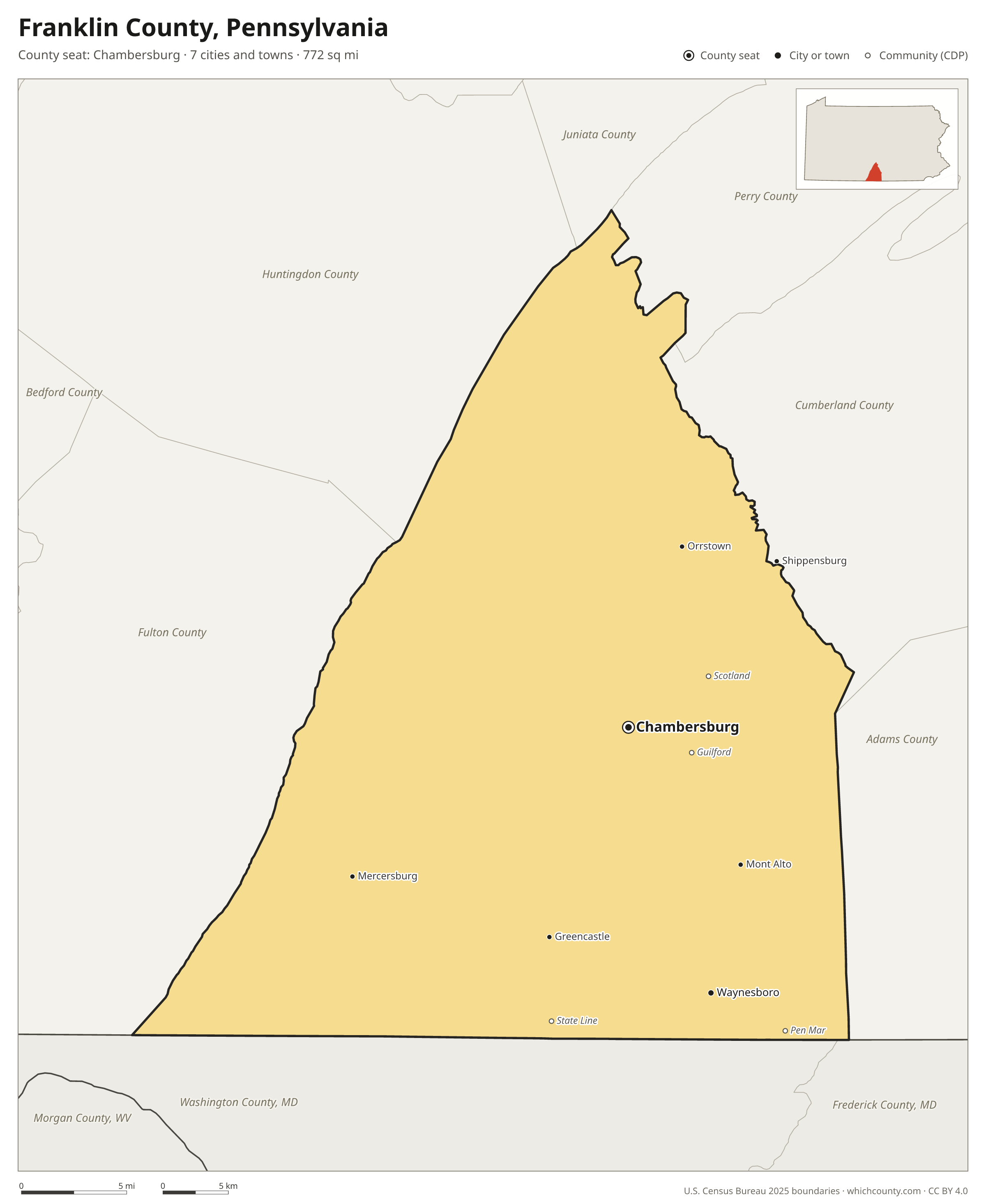 Map of Franklin County, Pennsylvania with cities, towns and the county boundary