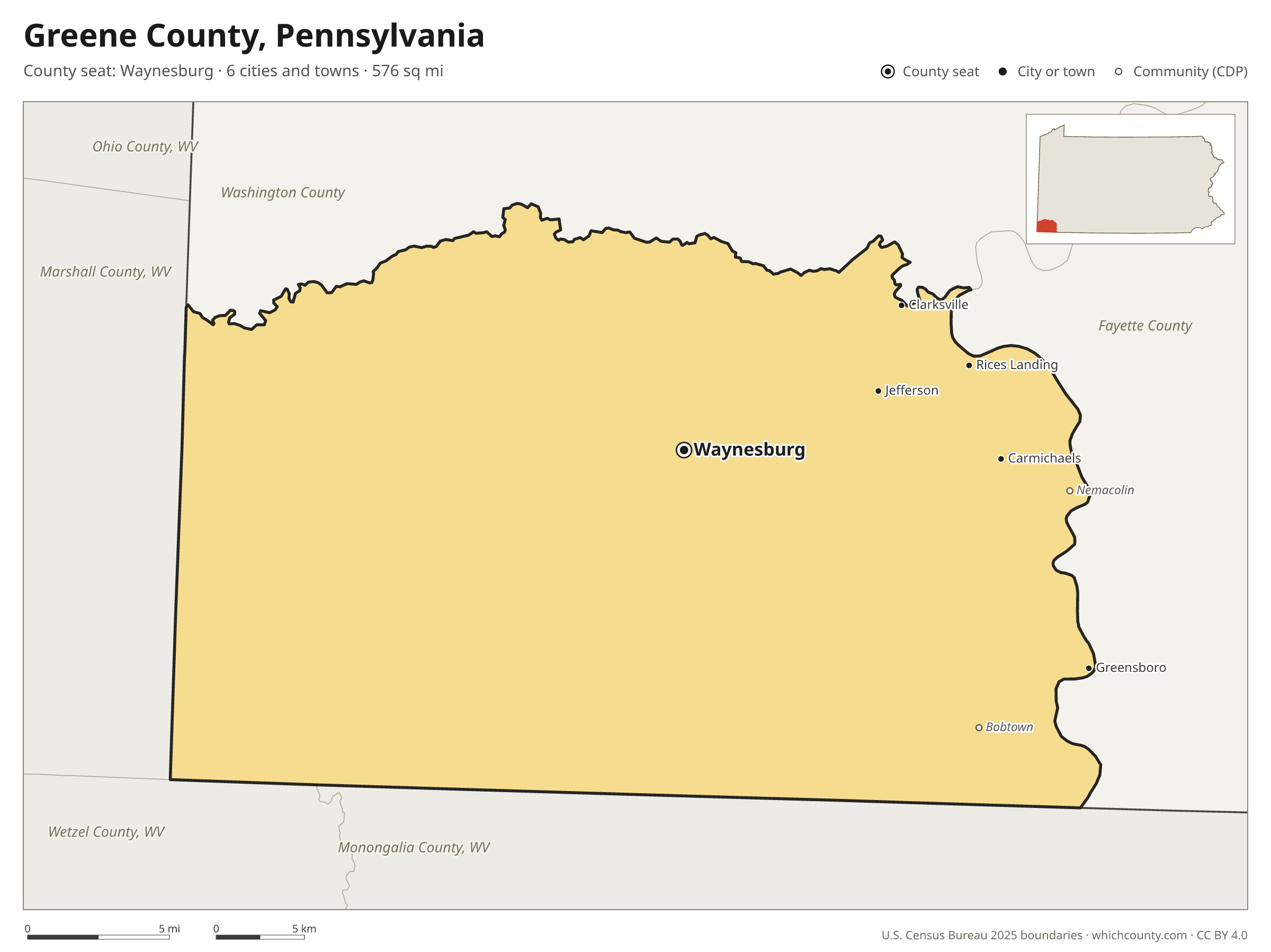 Map of Greene County, Pennsylvania with cities, towns and the county boundary
