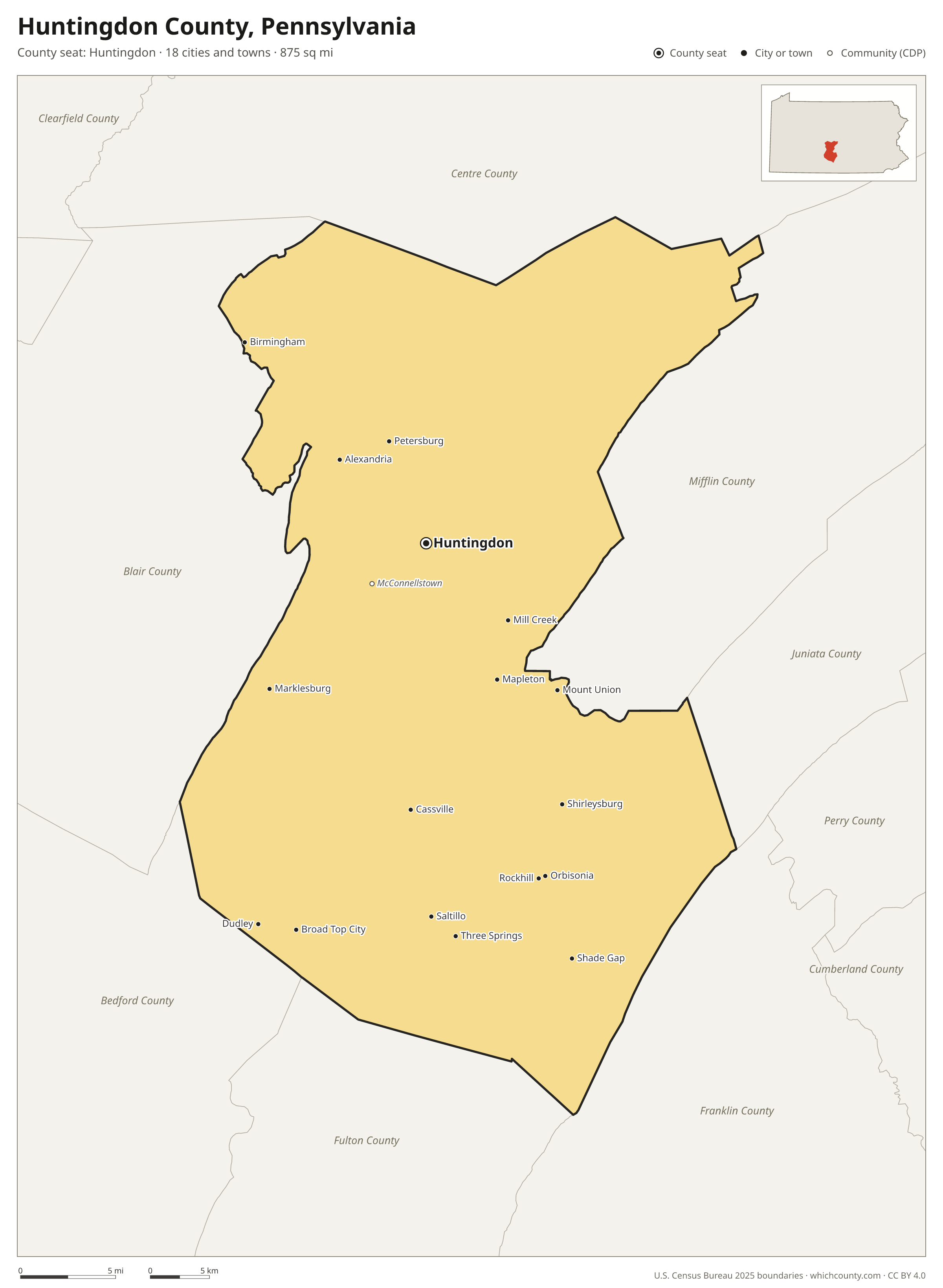 Map of Huntingdon County, Pennsylvania with cities, towns and the county boundary