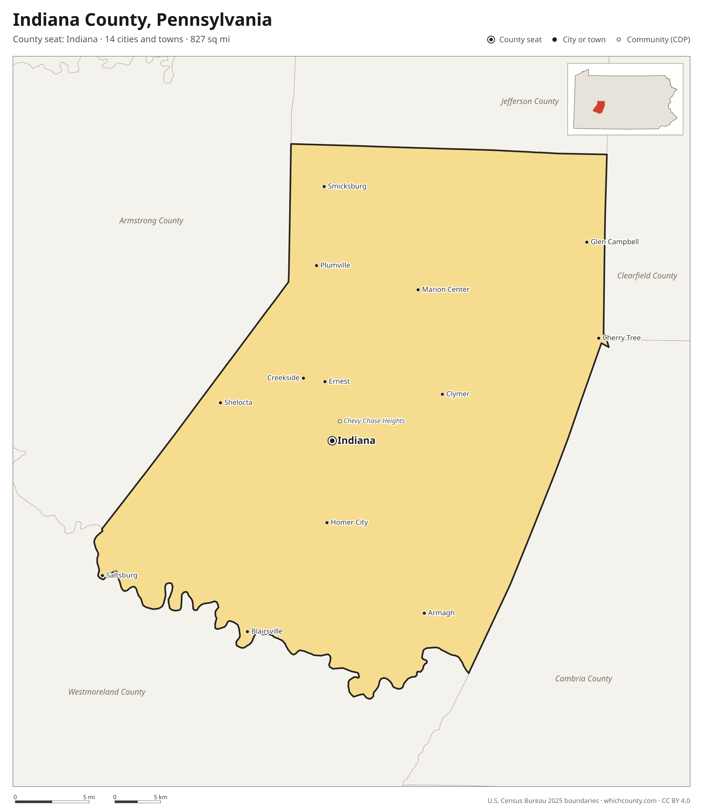 Map of Indiana County, Pennsylvania with cities, towns and the county boundary