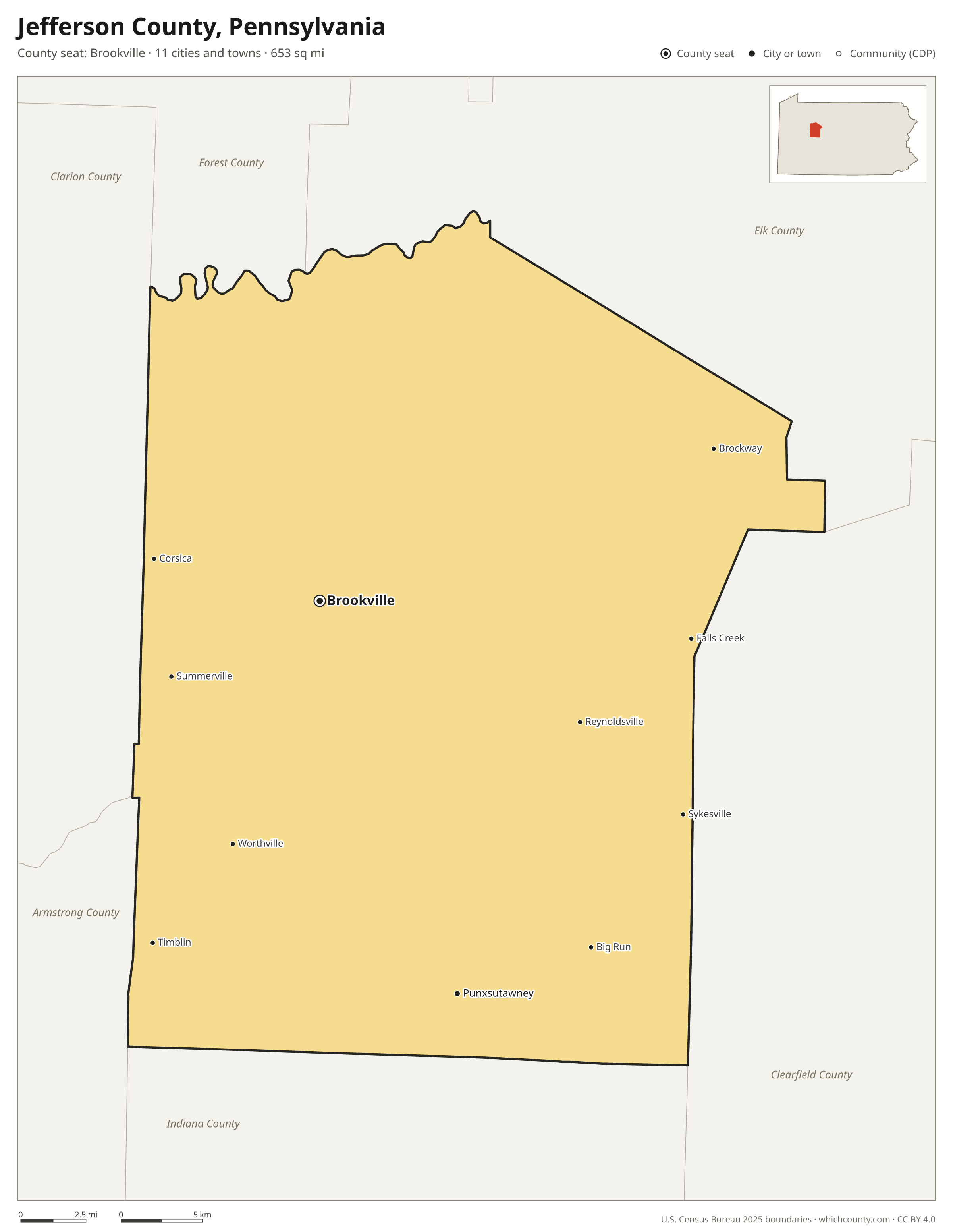 Map of Jefferson County, Pennsylvania with cities, towns and the county boundary