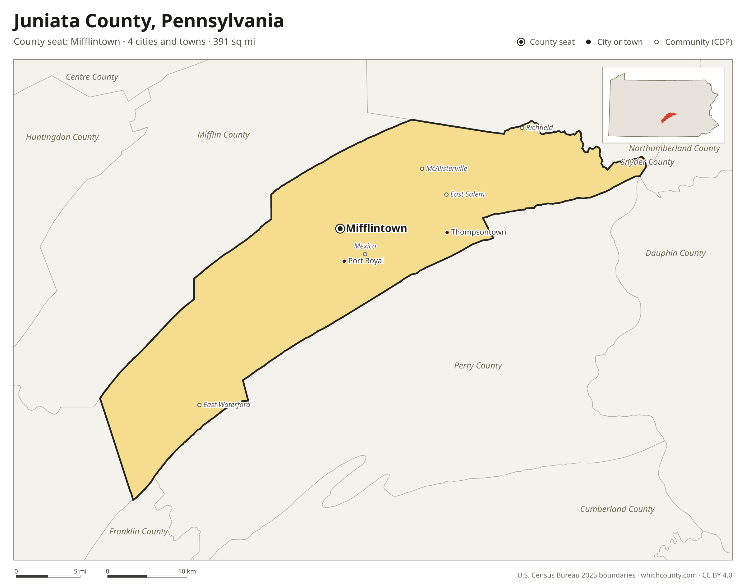 Map of Juniata County, Pennsylvania with cities, towns and the county boundary