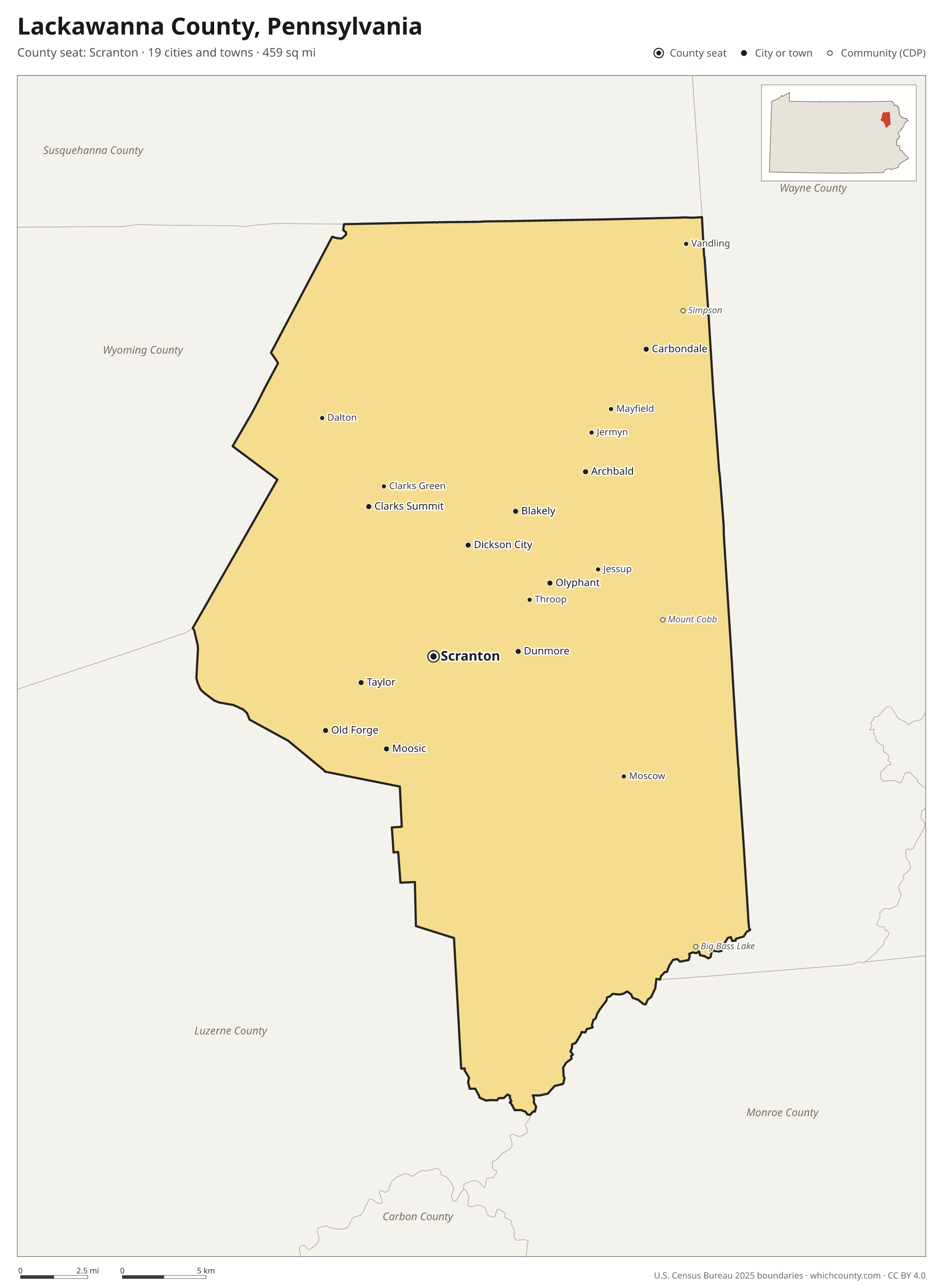 Map of Lackawanna County, Pennsylvania with cities, towns and the county boundary