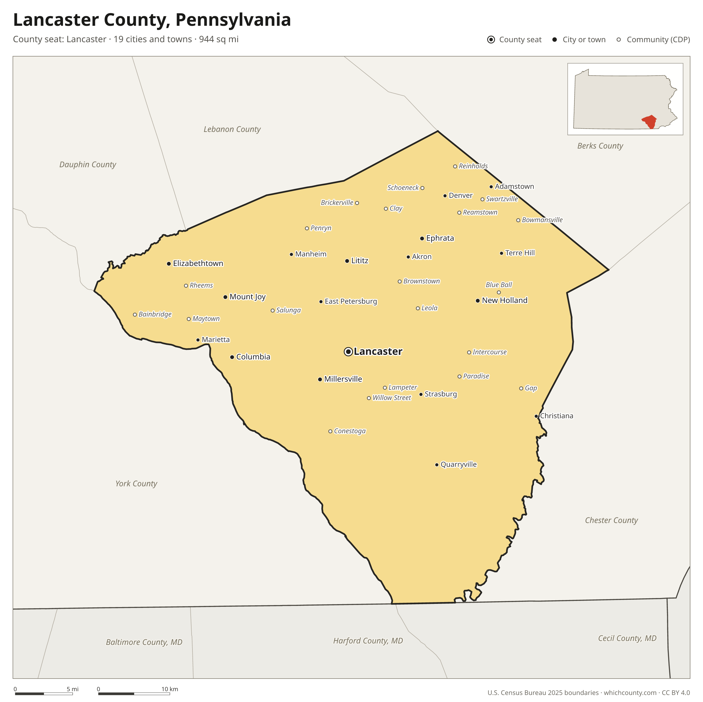 Map of Lancaster County, Pennsylvania with cities, towns and the county boundary