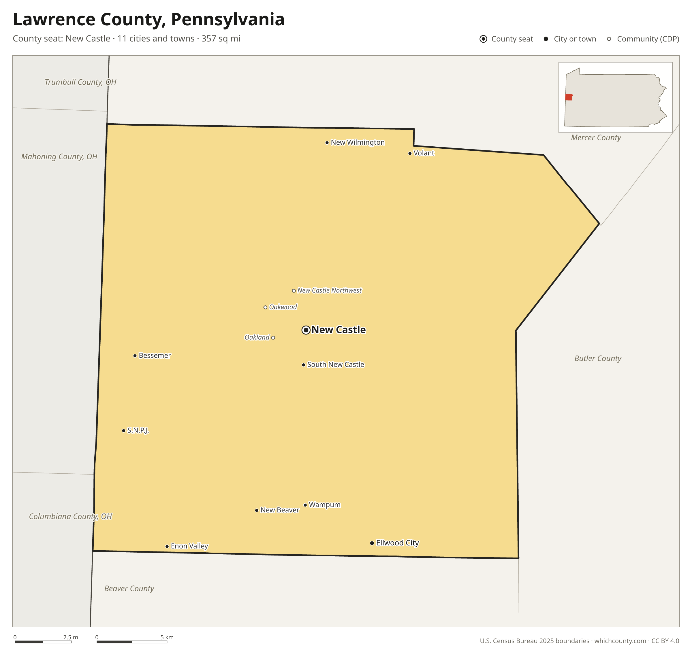 Map of Lawrence County, Pennsylvania with cities, towns and the county boundary