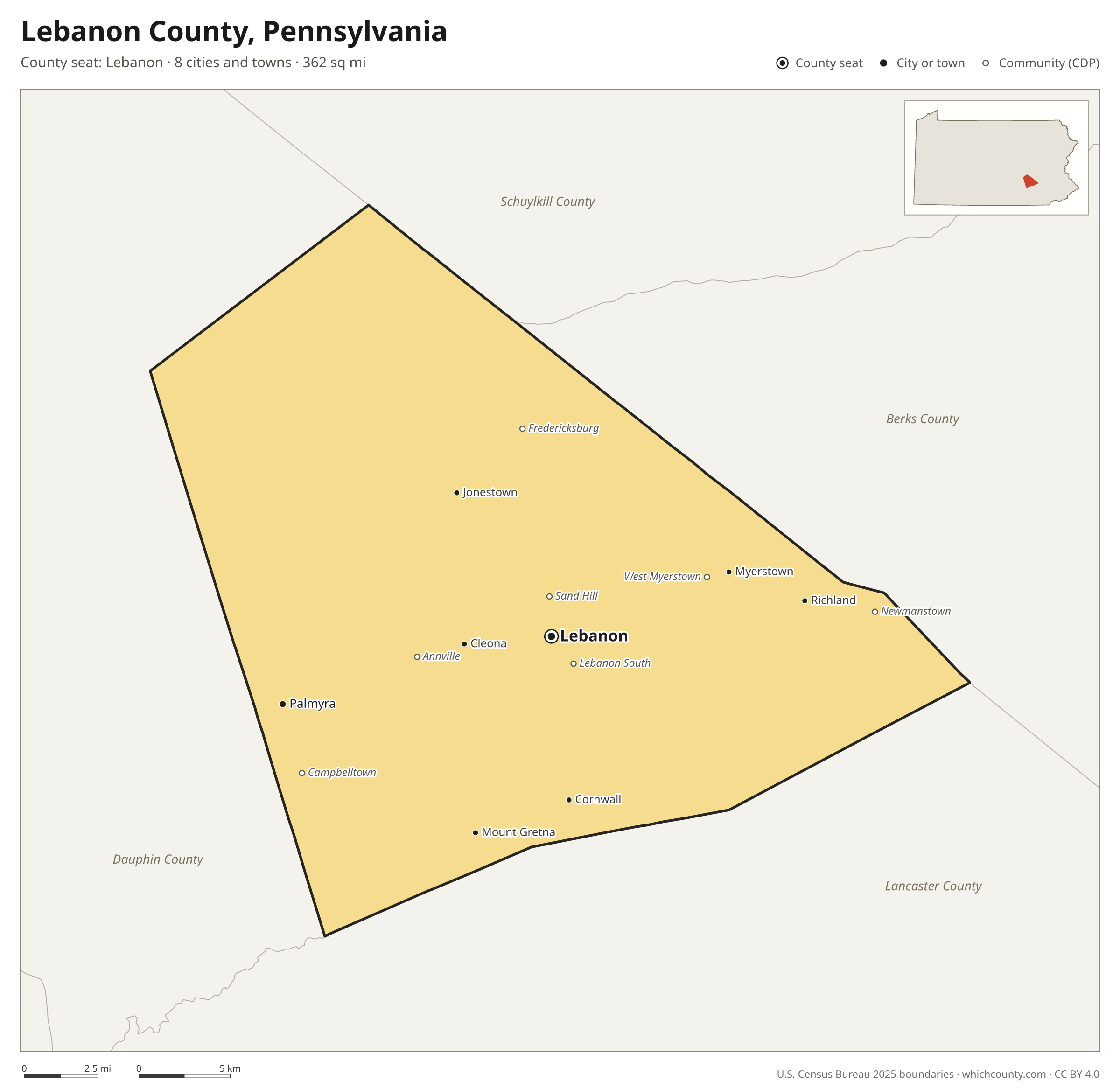 Map of Lebanon County, Pennsylvania with cities, towns and the county boundary