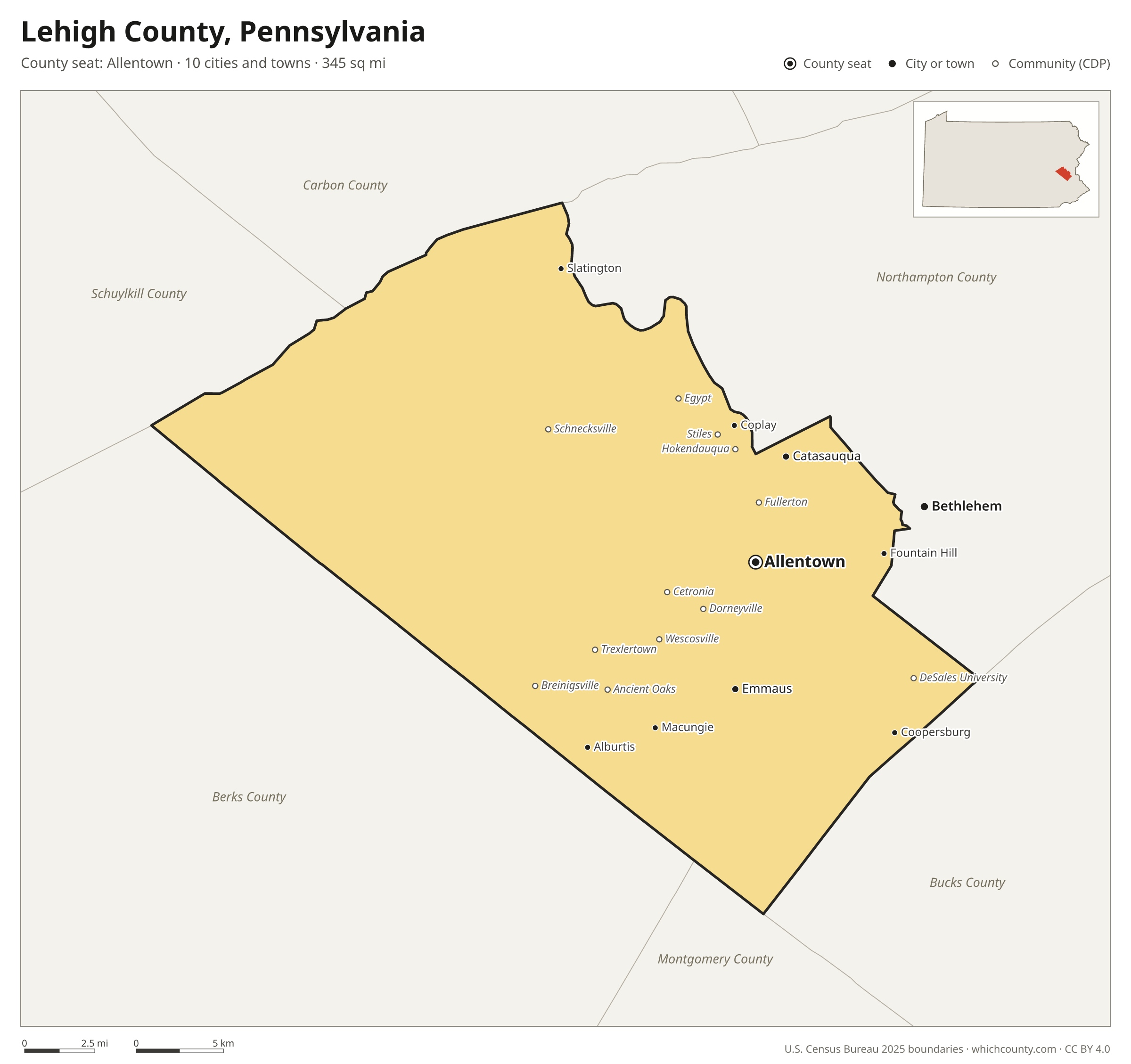 Map of Lehigh County, Pennsylvania with cities, towns and the county boundary
