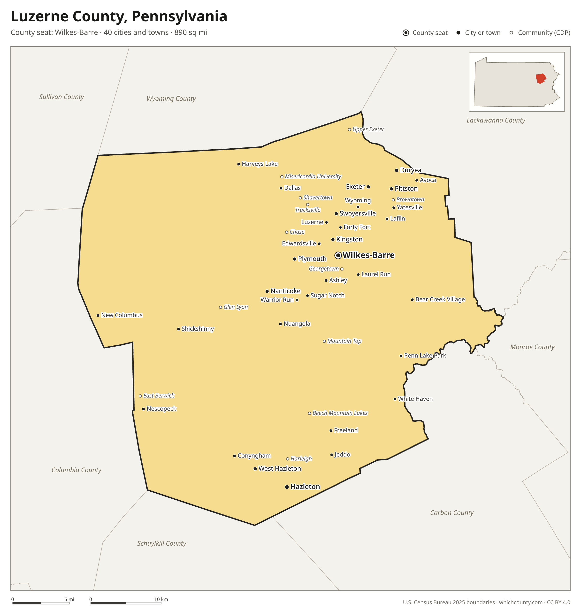 Map of Luzerne County, Pennsylvania with cities, towns and the county boundary