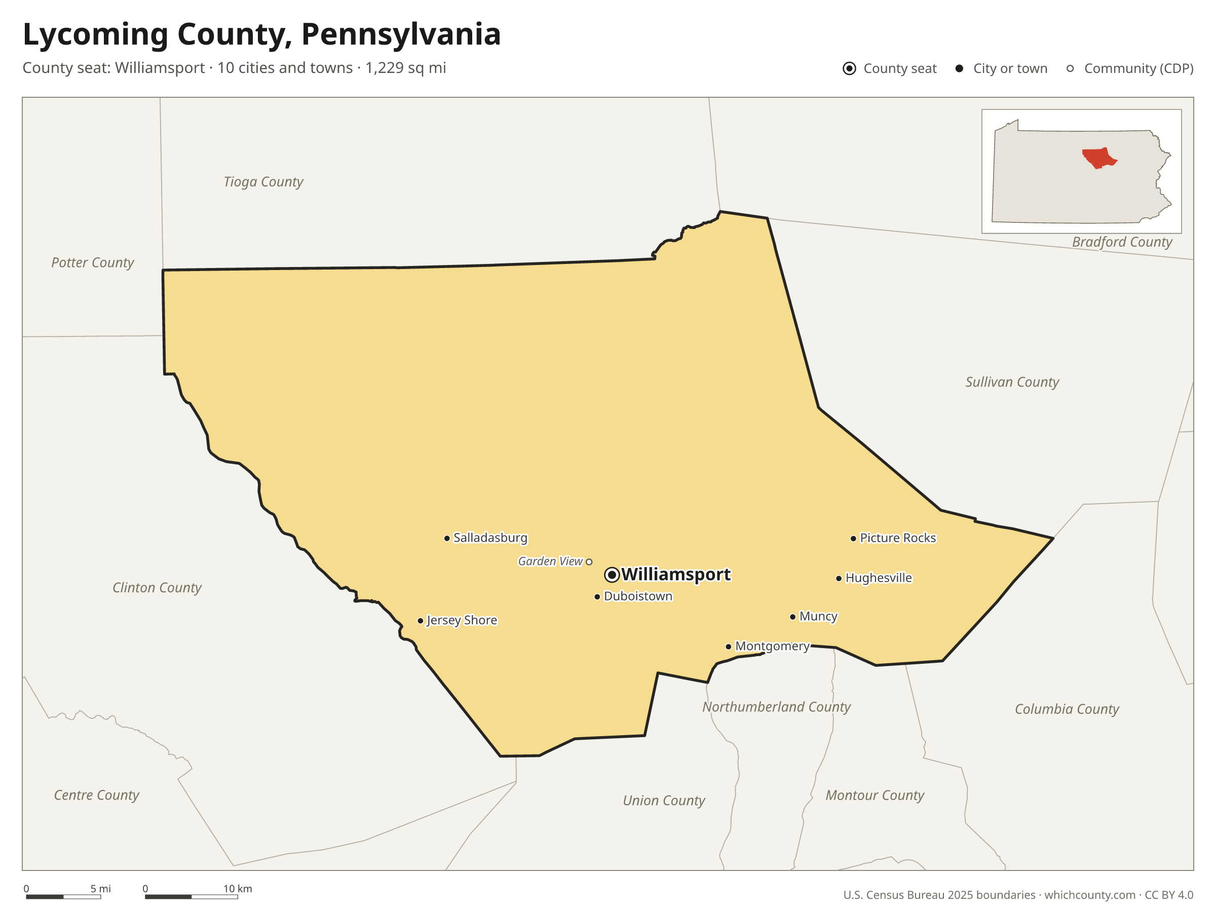 Map of Lycoming County, Pennsylvania with cities, towns and the county boundary