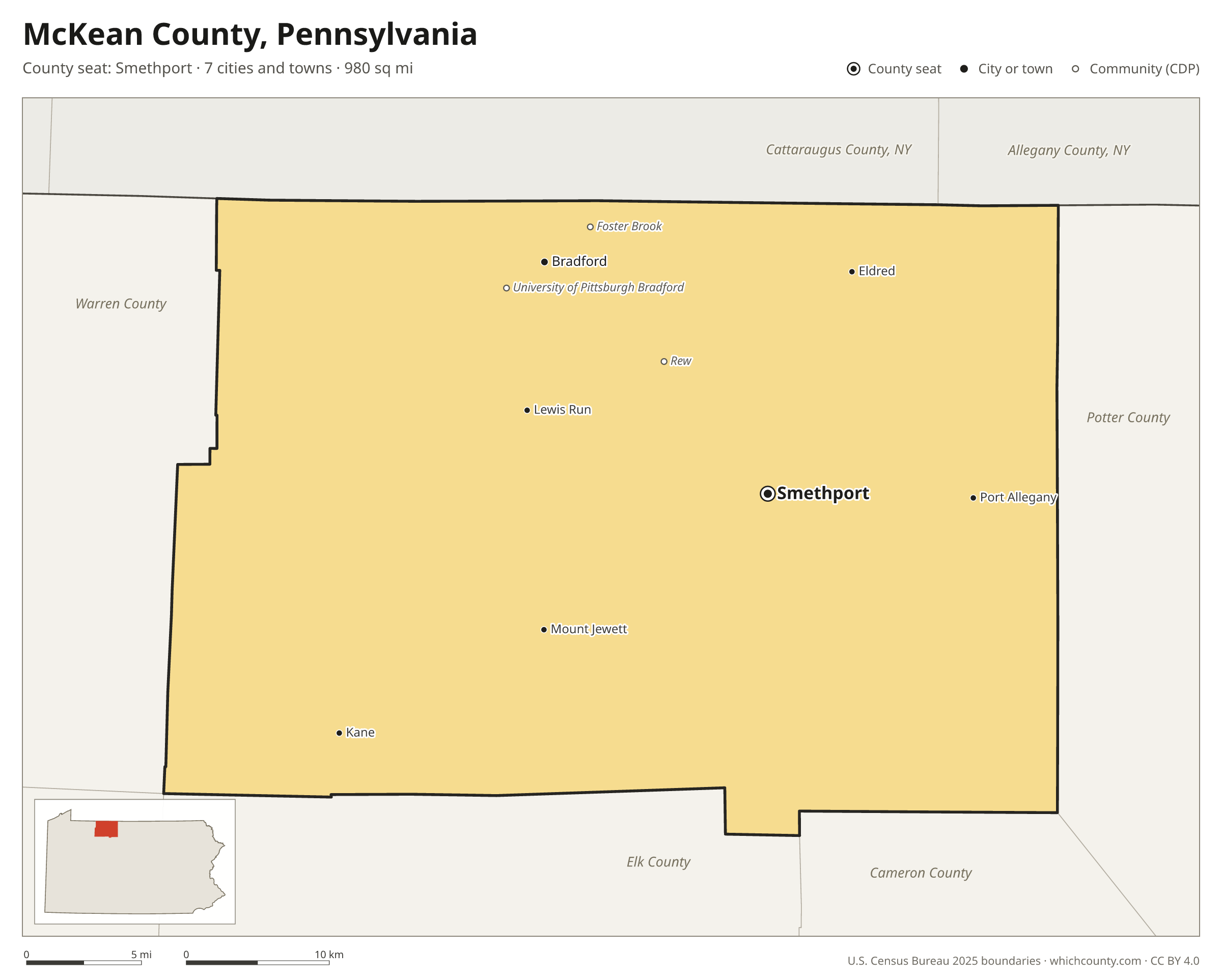 Map of McKean County, Pennsylvania with cities, towns and the county boundary