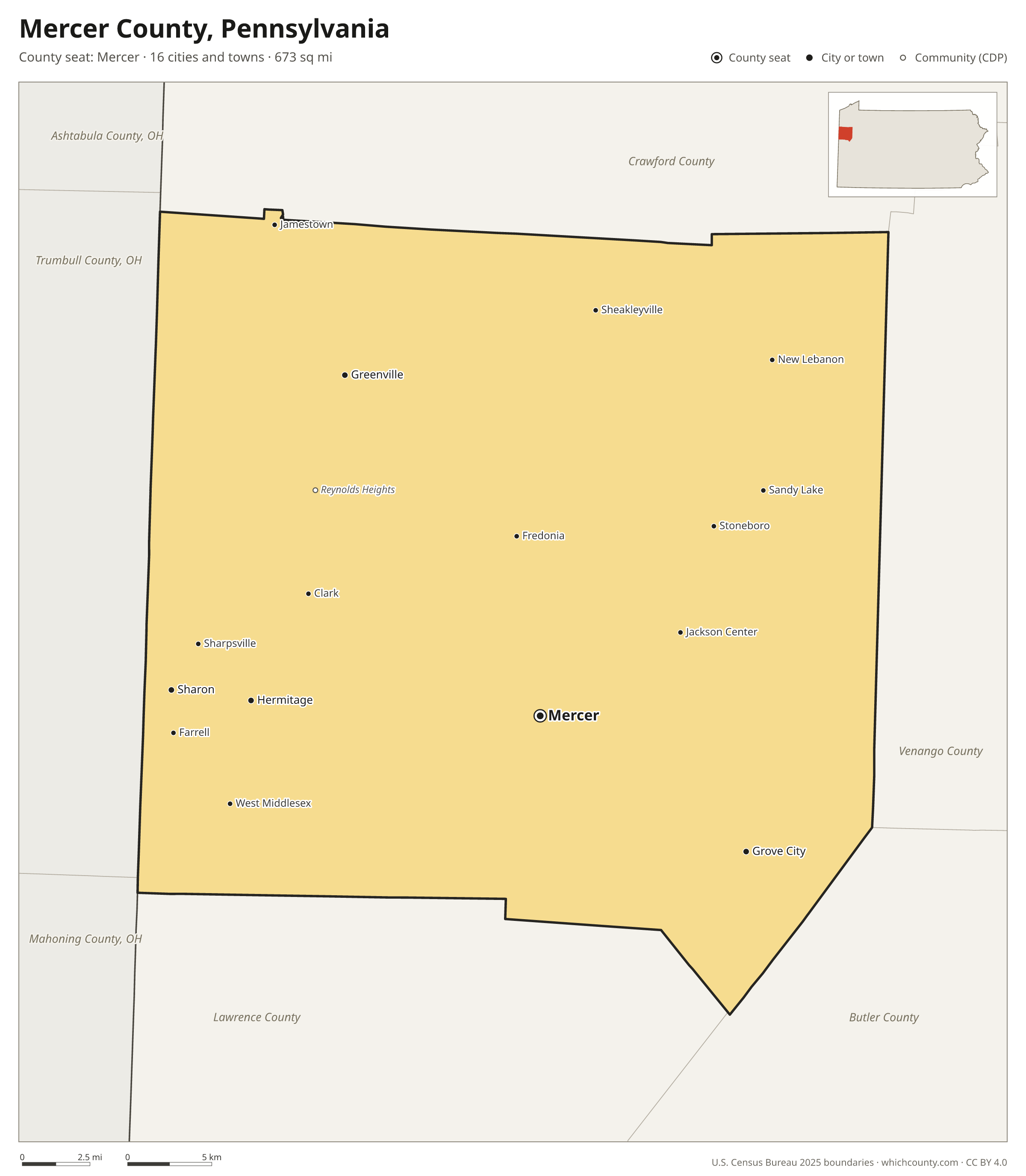 Map of Mercer County, Pennsylvania with cities, towns and the county boundary