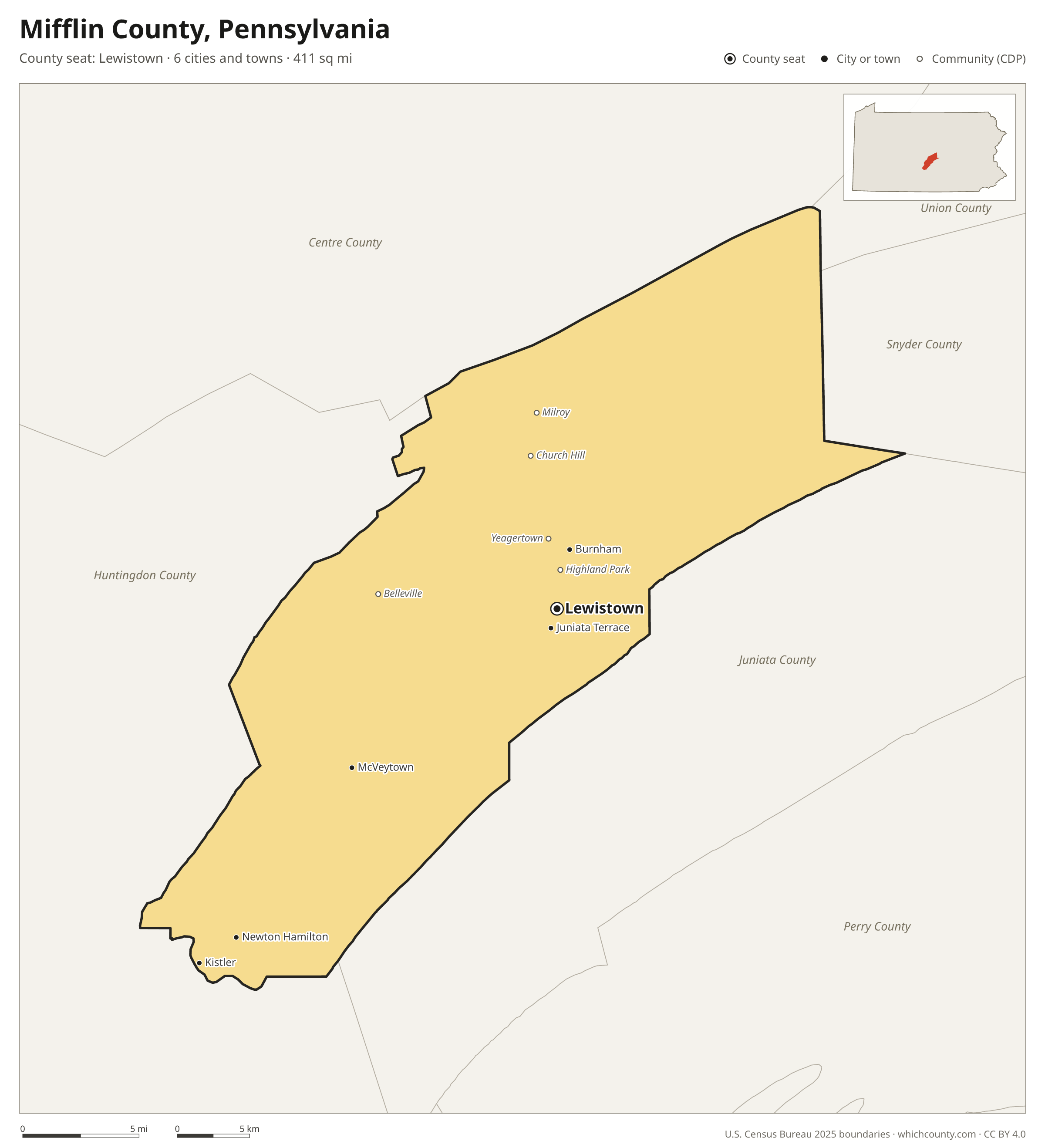 Map of Mifflin County, Pennsylvania with cities, towns and the county boundary